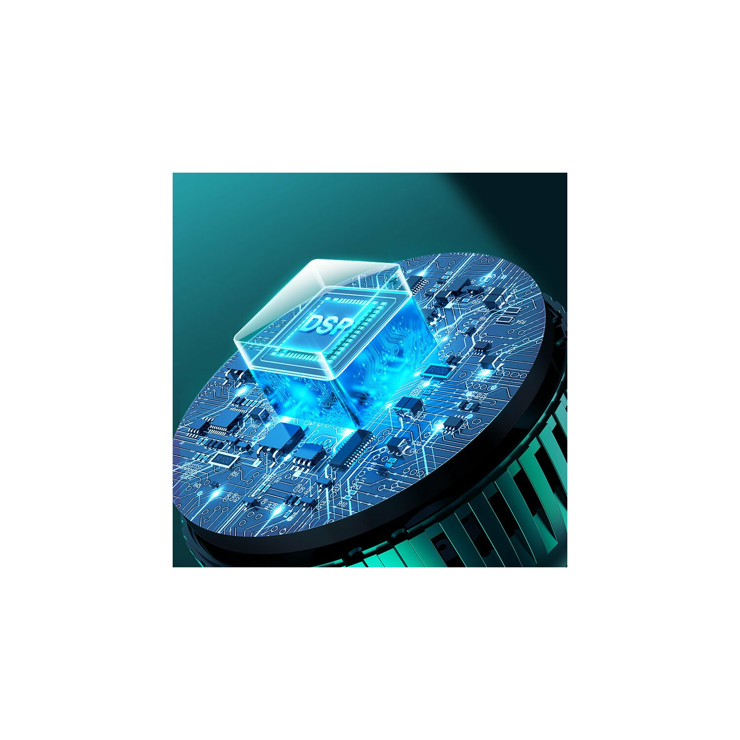 Eine blaue Platine mit DSP-Chip, beleuchtet in einem quadratischen Gehäuse.