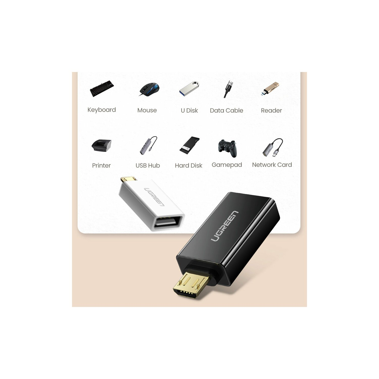 Mehrere technische Zubehörteile: Tastatur, Maus, USB-Hub, Datenkabel usw. Weißer Hintergrund.
