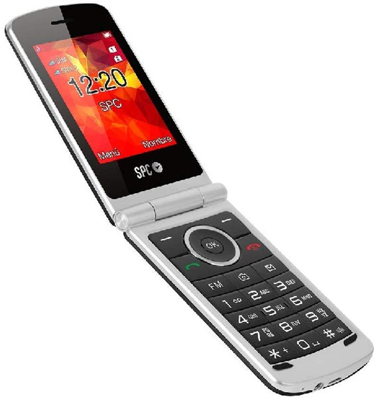 Un teléfono plegable plateado, abierto, que muestra una pantalla roja y naranja y un teclado negro.