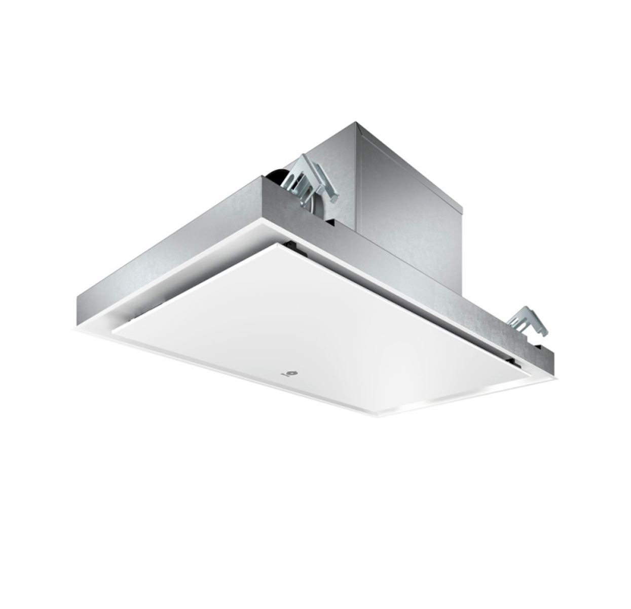 Campana extractora blanca con luces y panel blanco. Sobre la encimera.