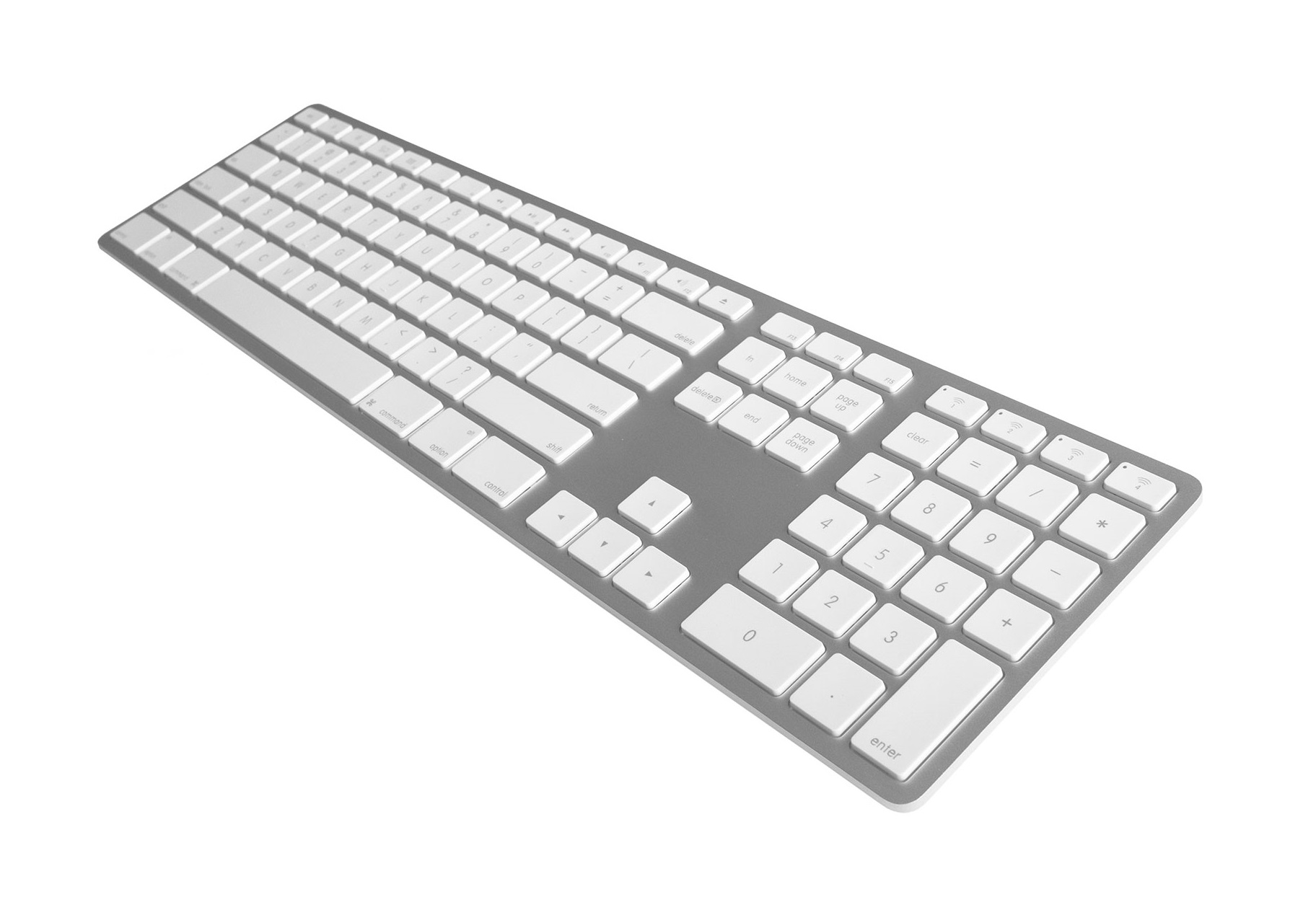 Silberne Tastatur mit weißen Tasten auf weißem Hintergrund. Die Tasten sind in einem Raster angeordnet.