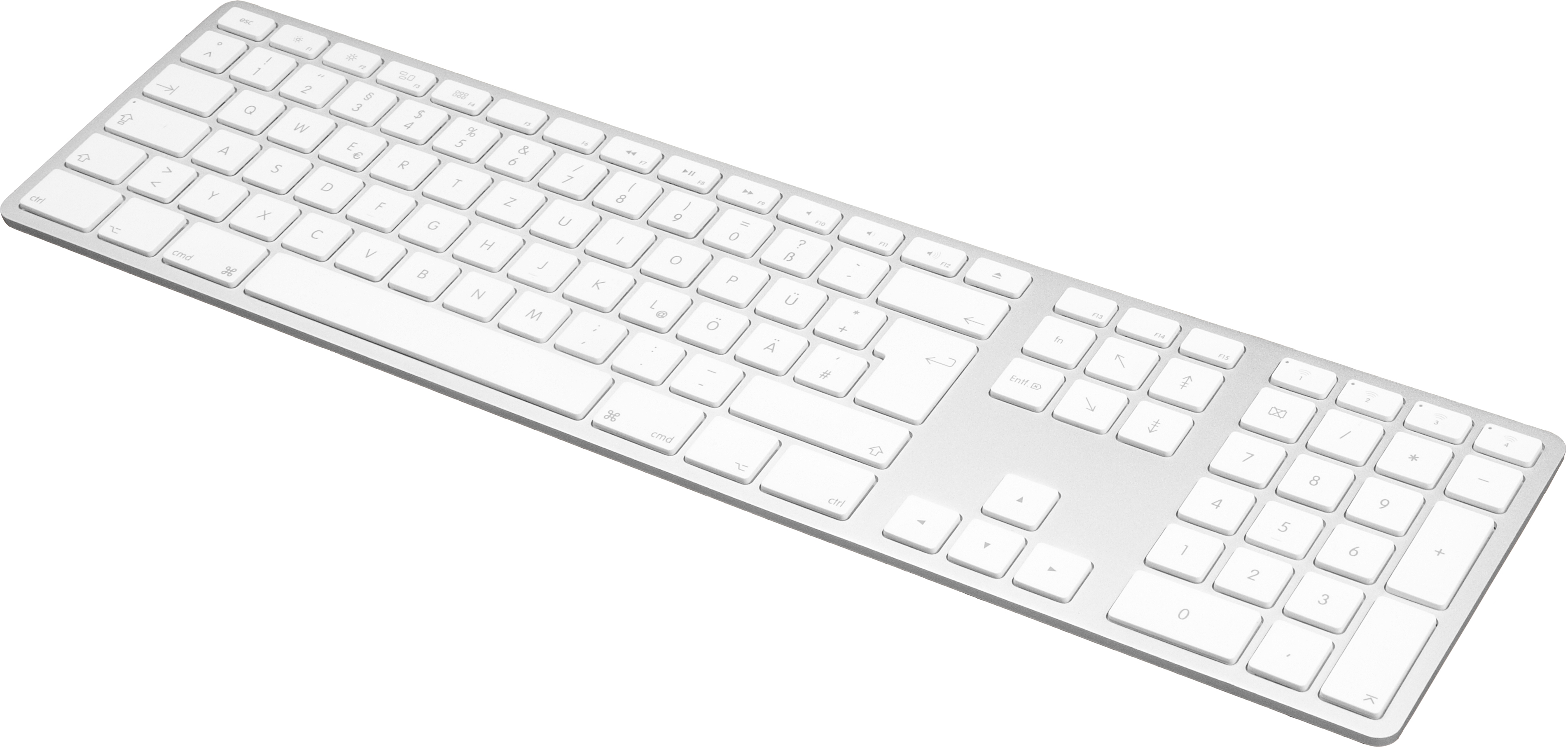 Weiße Tastatur mit vielen Tasten, einschließlich Zahlen und Buchstaben, ist nach oben abgewinkelt.