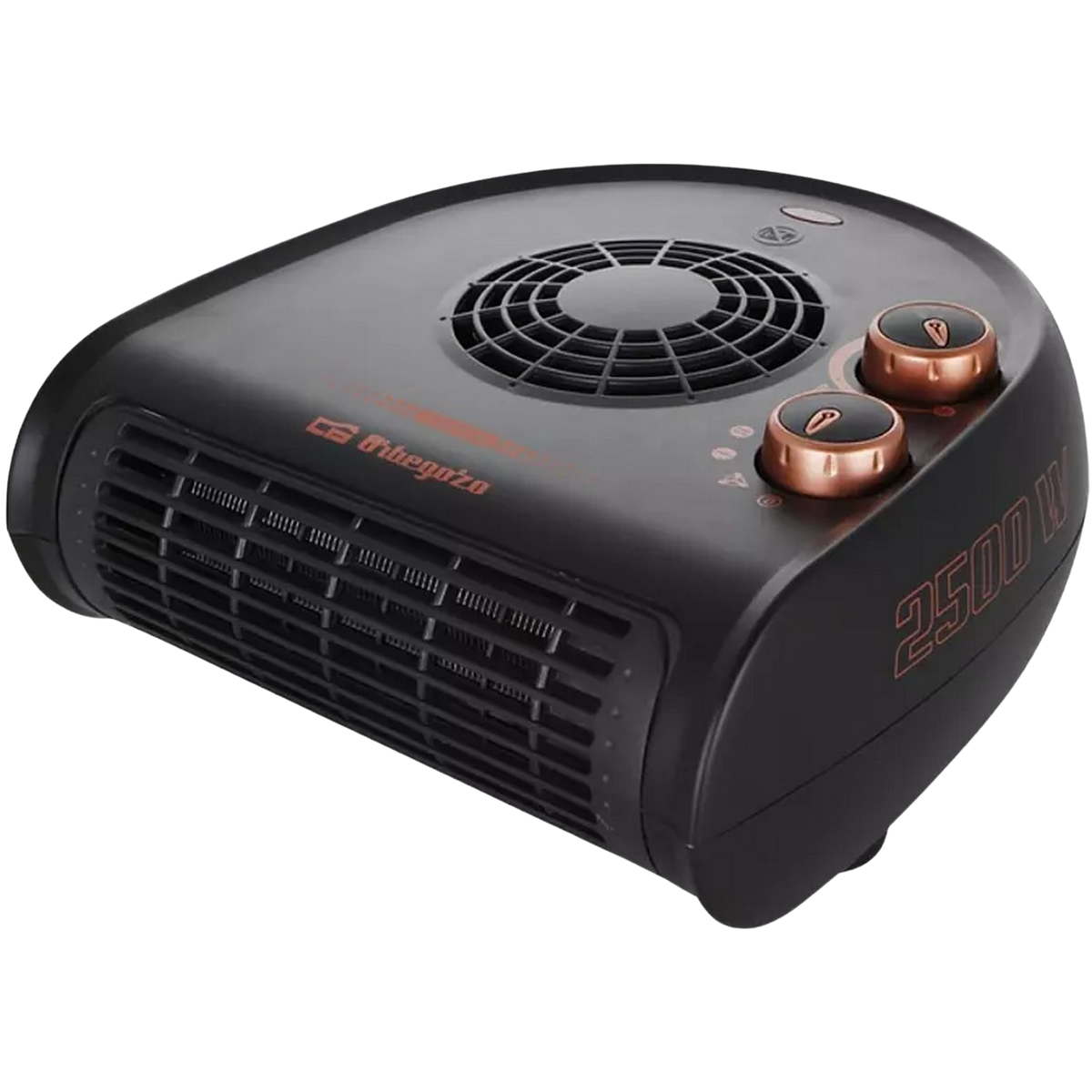 Czarny grzejnik. Ma dwa miedziane pokrętła i kratkę.