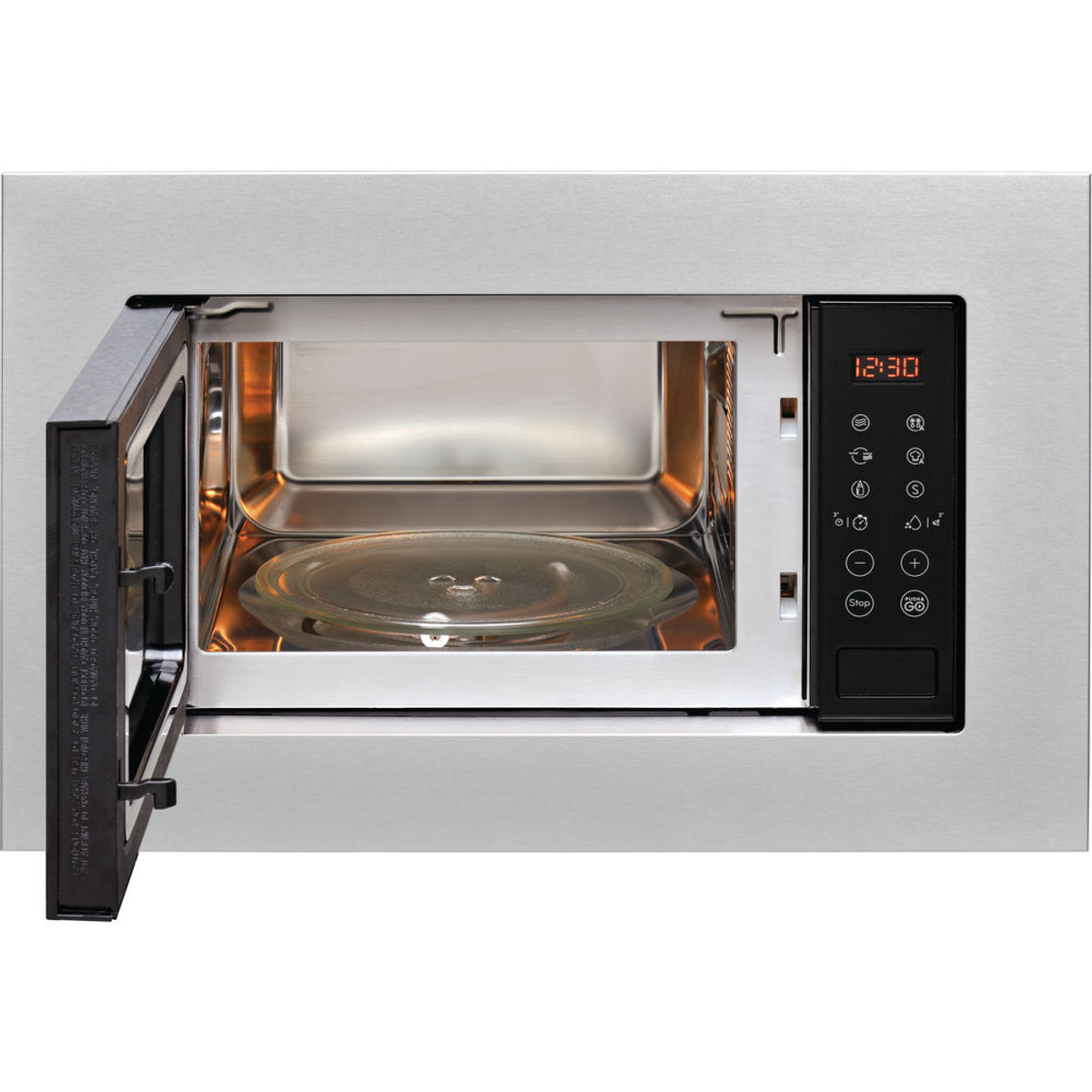Forno a microonde ad incasso, con porta aperta, che mostra piatto in vetro e pannello di controllo.