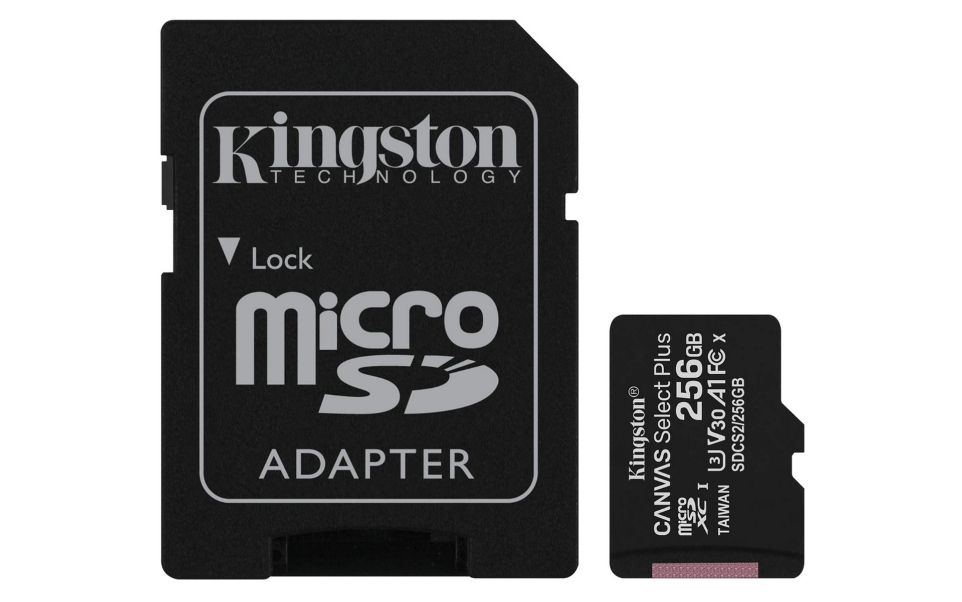 Adaptador de tarjeta Micro SD Kingston negro y una tarjeta Micro SD pequeña.