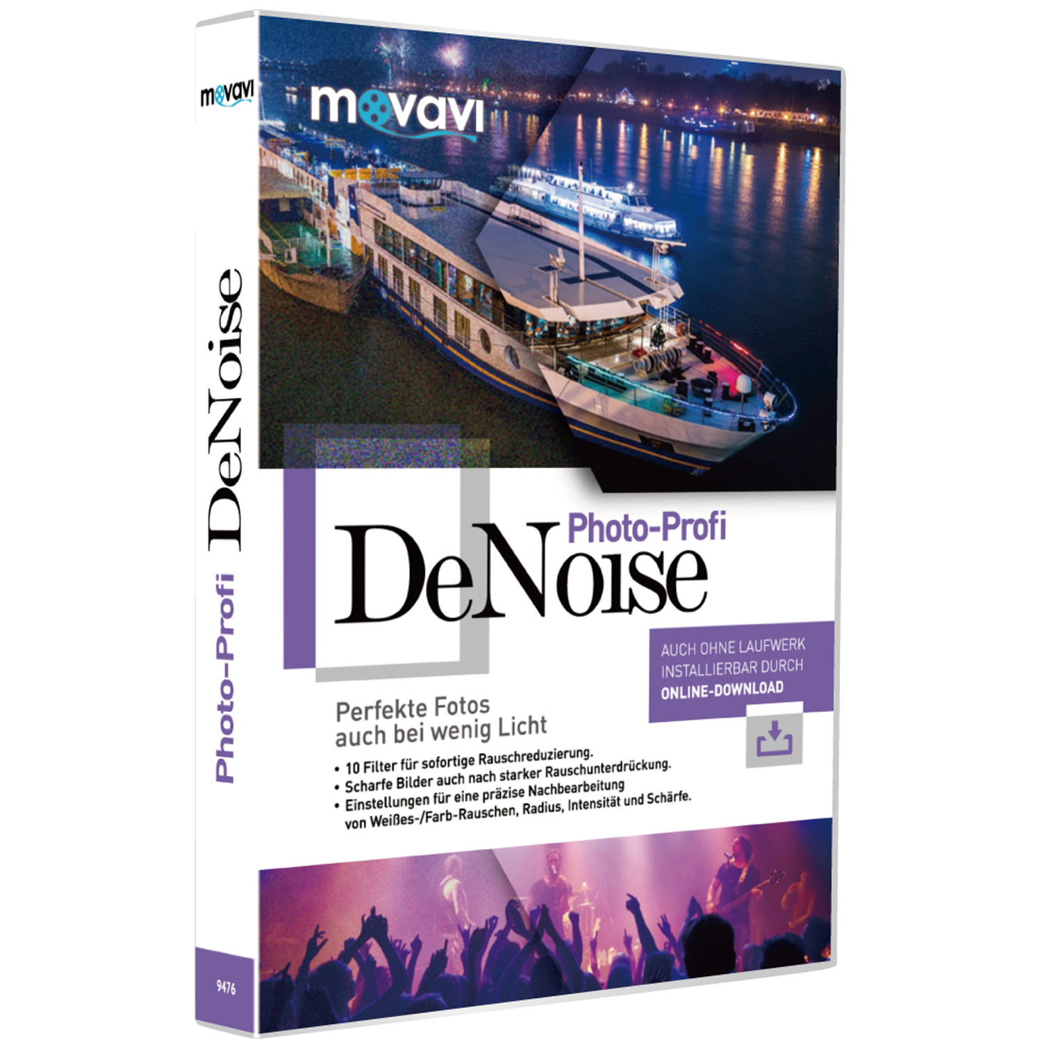 Softwarebox mit DeNoise-Logo. Es zeigt ein Schiff auf dem Cover und den Text "Photo-Profi DeNoise".