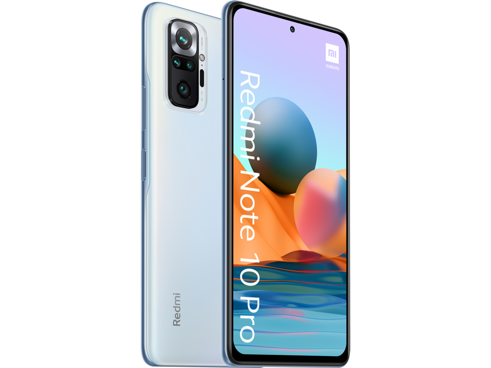 Biały i jasnoniebieski smartfon Xiaomi Redmi Note 10 Pro.