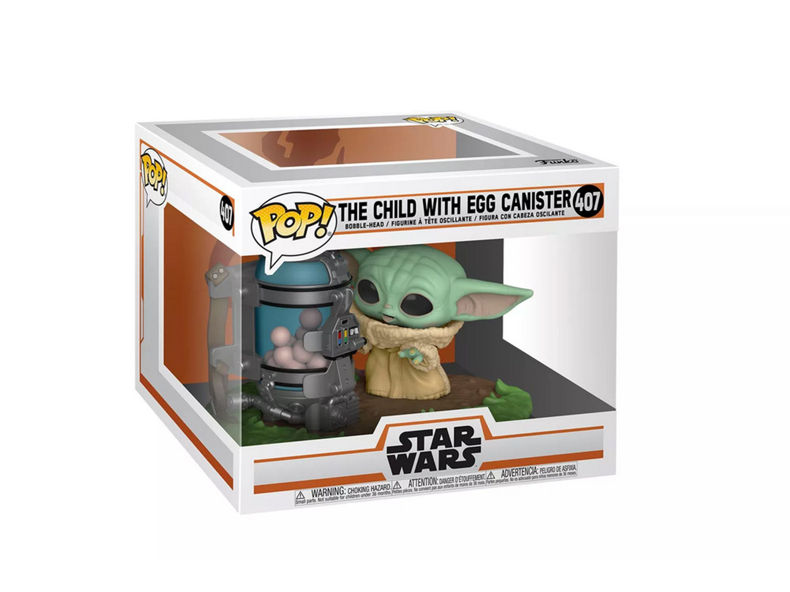 Funko Pop-Box von The Child. Die Figur befindet sich in einem Behälter mit Eiern.
