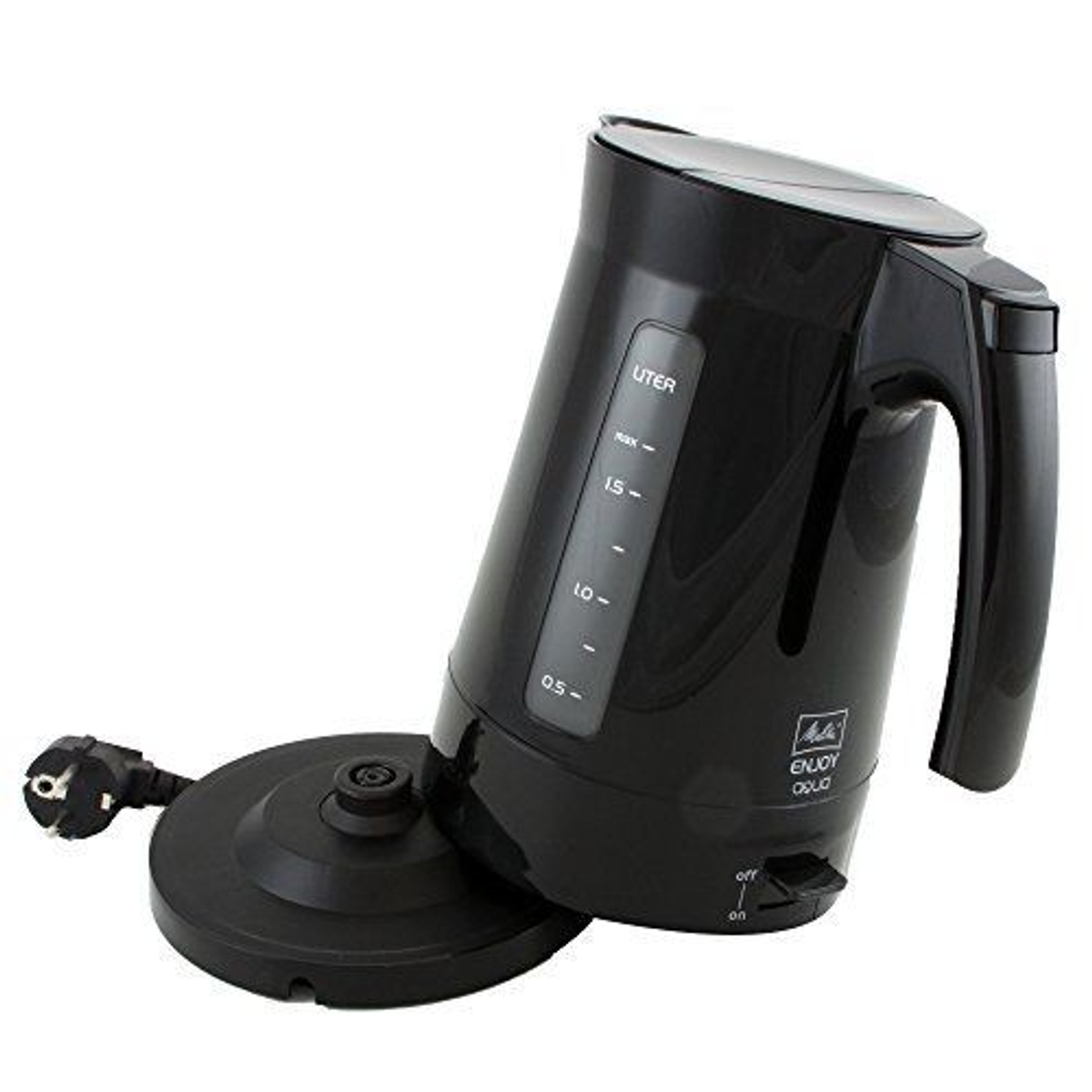 Hervidor eléctrico negro con base. Cables y indicadores de nivel de agua visibles.