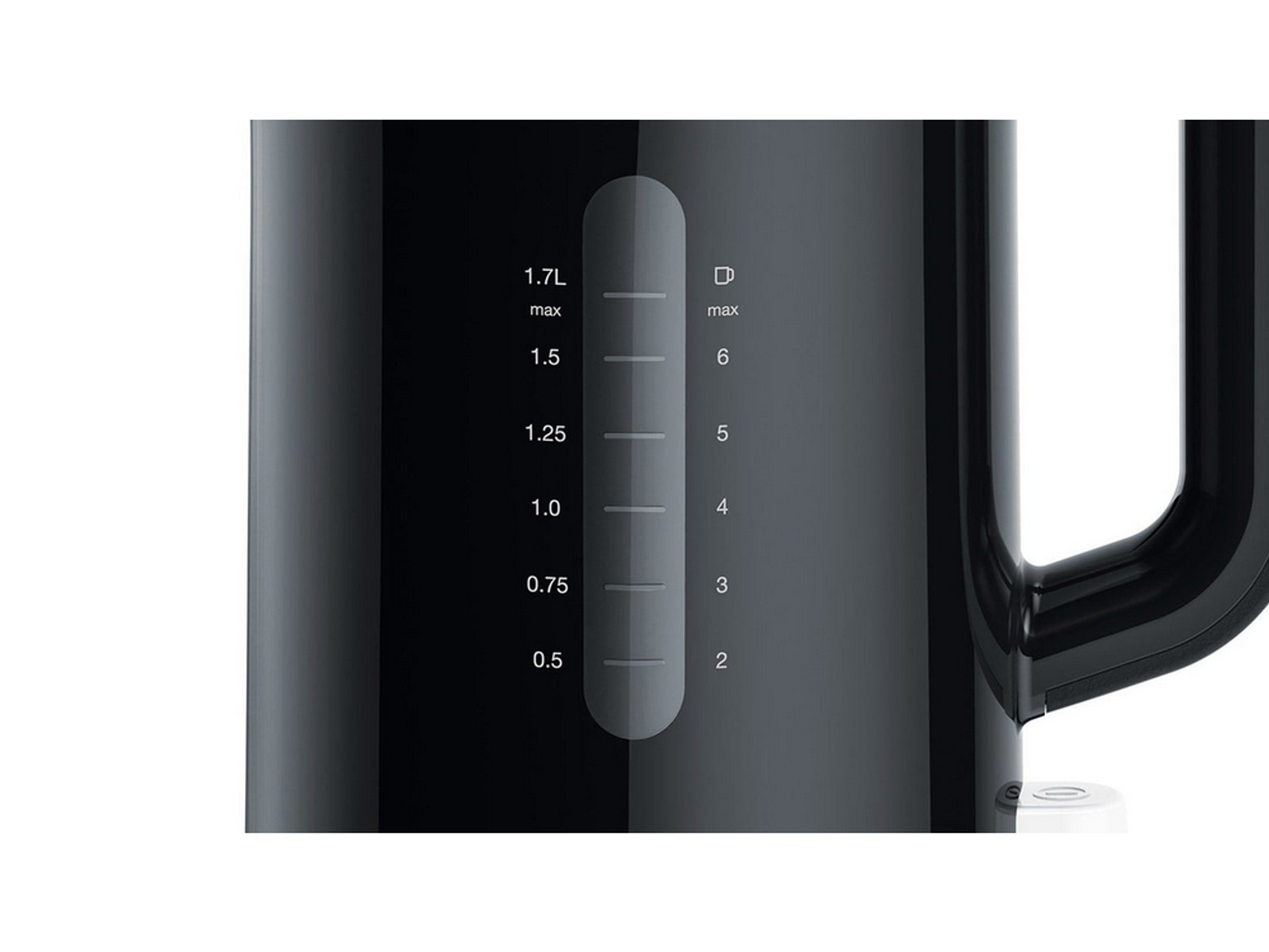 Czarny czajnik elektryczny z przezroczystym wskaźnikiem poziomu wody. Uchwyt jest po prawej.