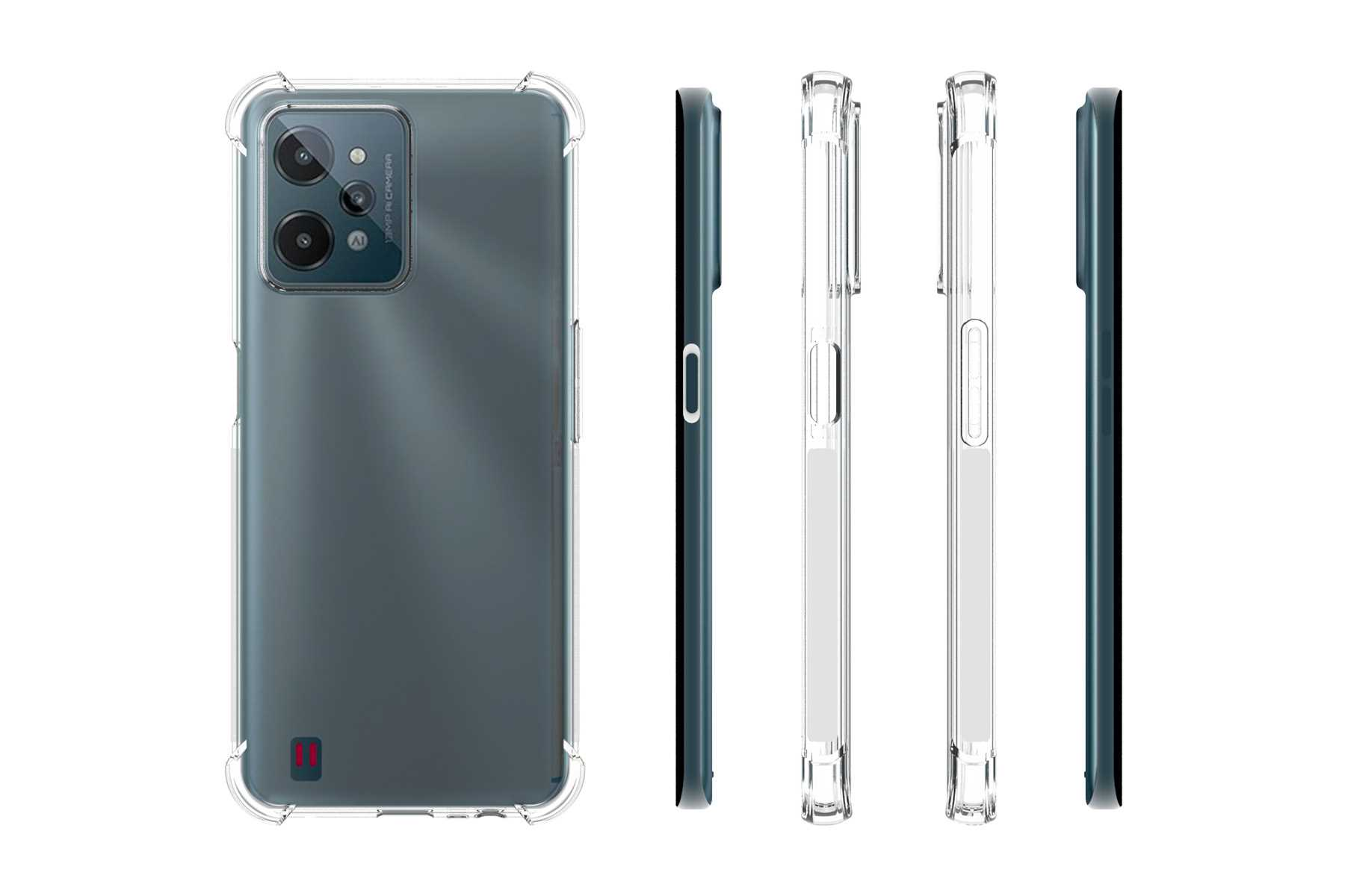 Ein Telefon in einer durchsichtigen Schutzhülle. Das Telefon ist grau und hat eine Kamera.