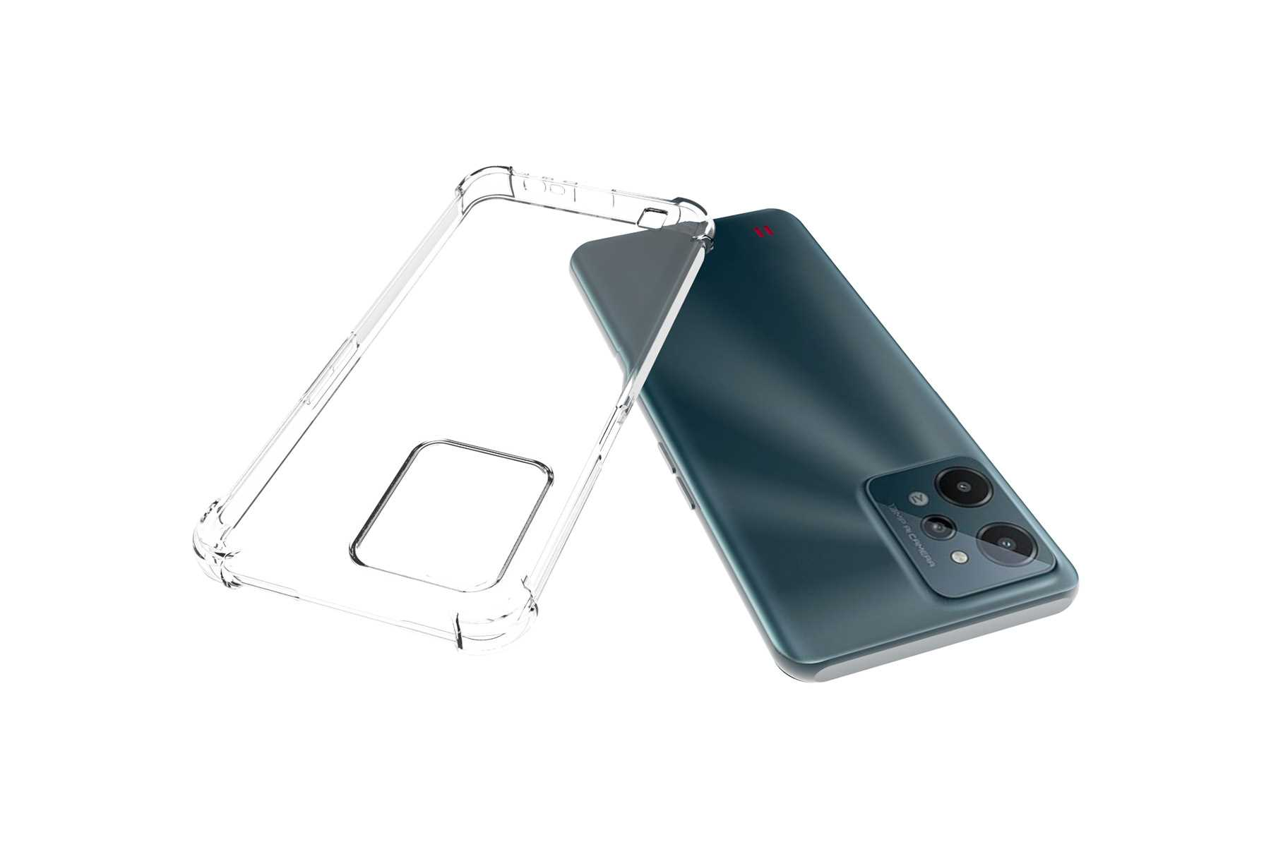 Eine transparente Handyhülle neben einem dunkel türkisfarbenen Smartphone. Das Telefon hat mehrere Rückkameras.