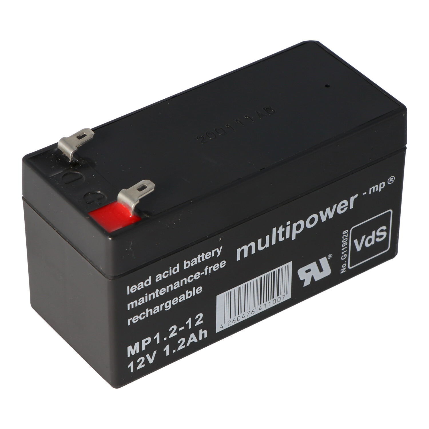 Schwarzer rechteckiger Akku mit Anschlüssen und Etiketten. Enthält einen Barcode und das Logo 'multpower'.
