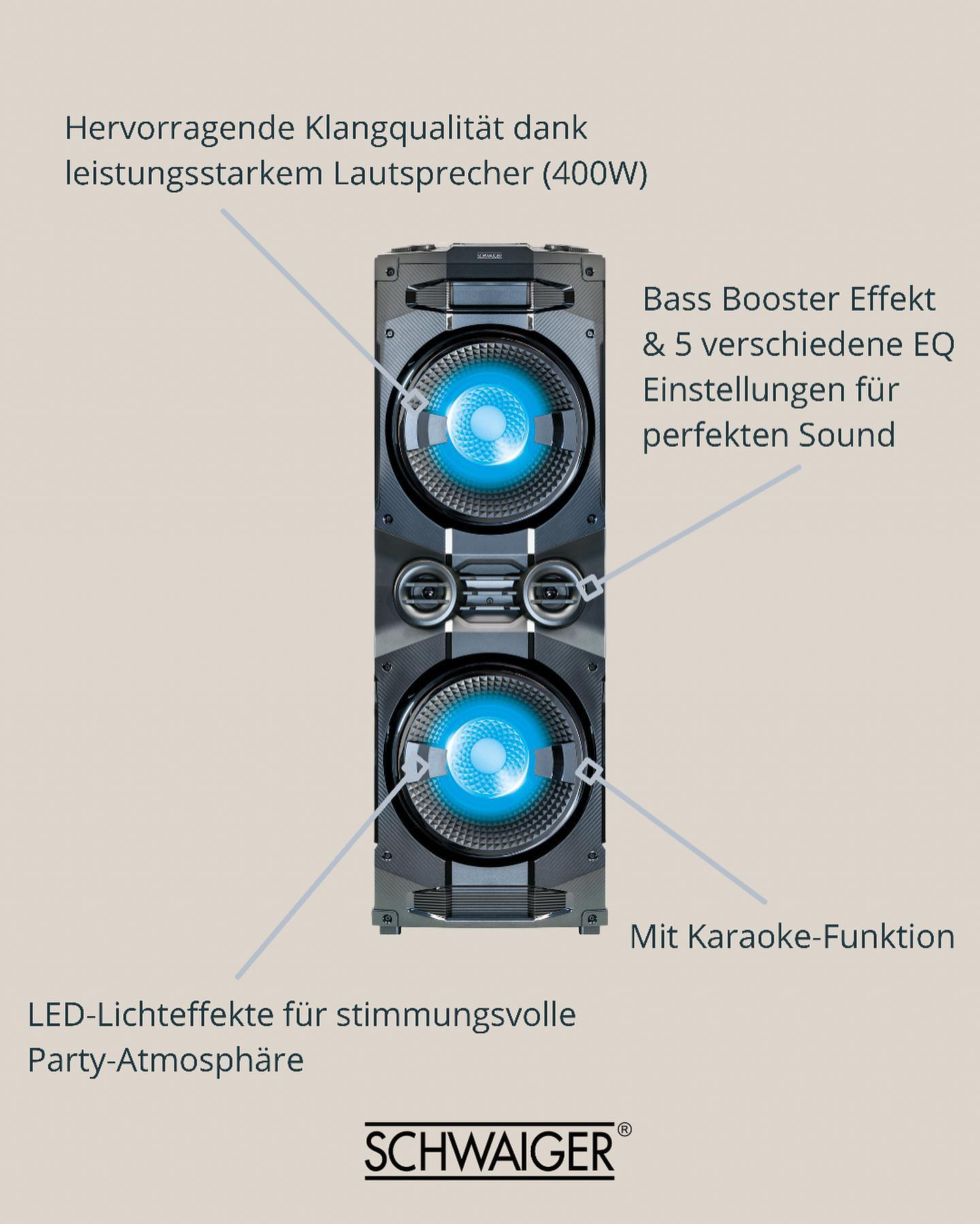 Soundsystem Party Bluetooth Schwarz mit -658057- SCHWAIGER LED-Lichteffekten,