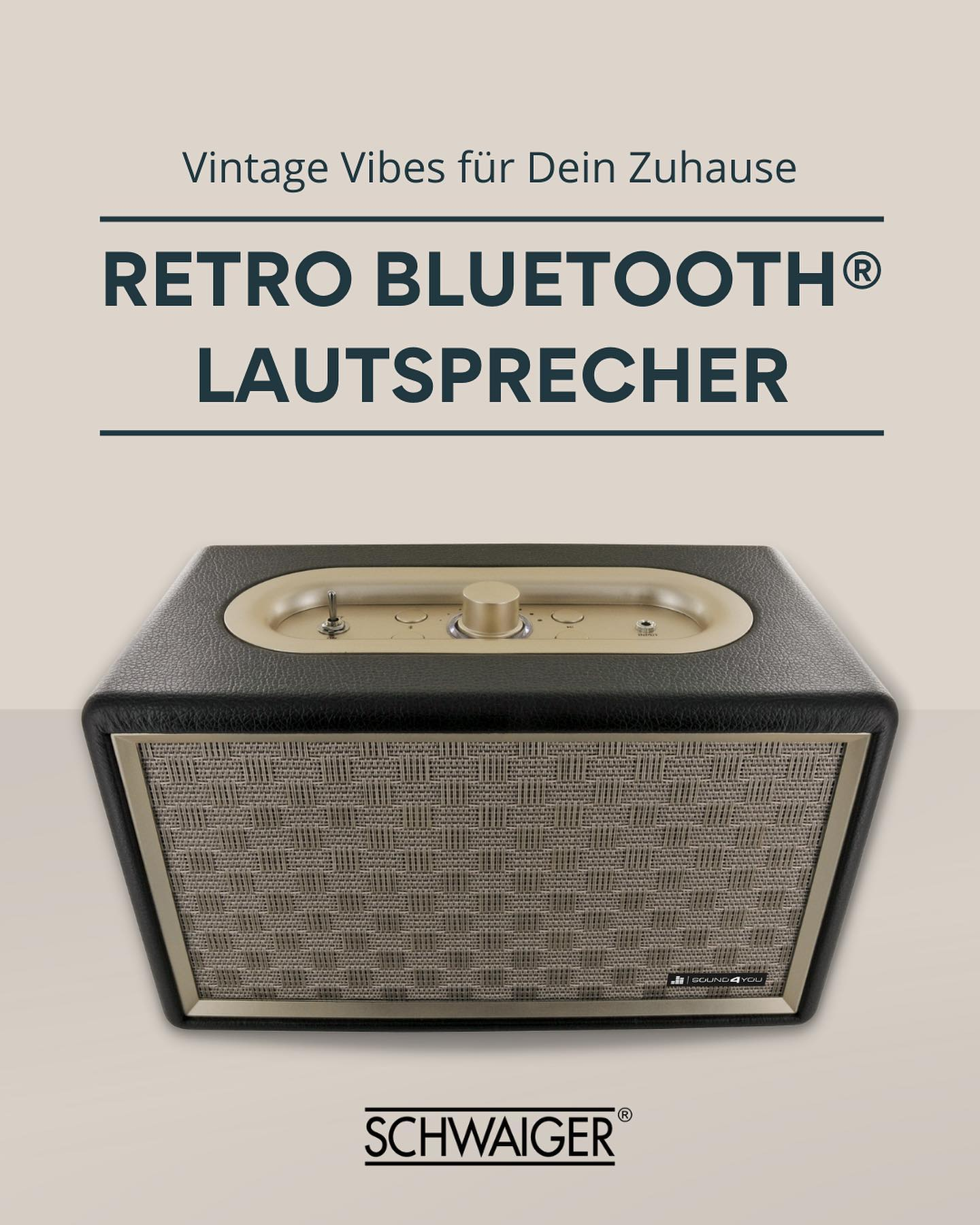 Ein Retro-Bluetooth-Lautsprecher mit schwarzem und beigem Design und einem goldenen Drehregler.
