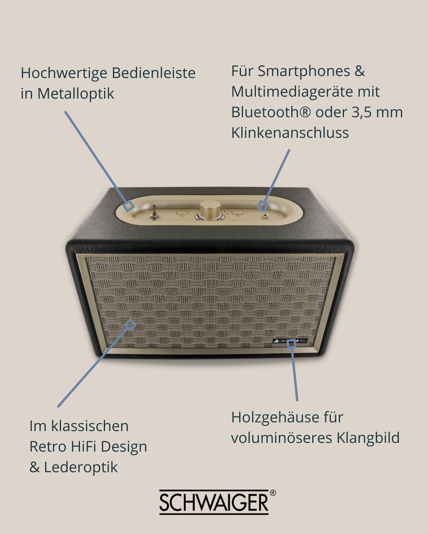 Lautsprecher mit Textbeschriftungen und Logo.