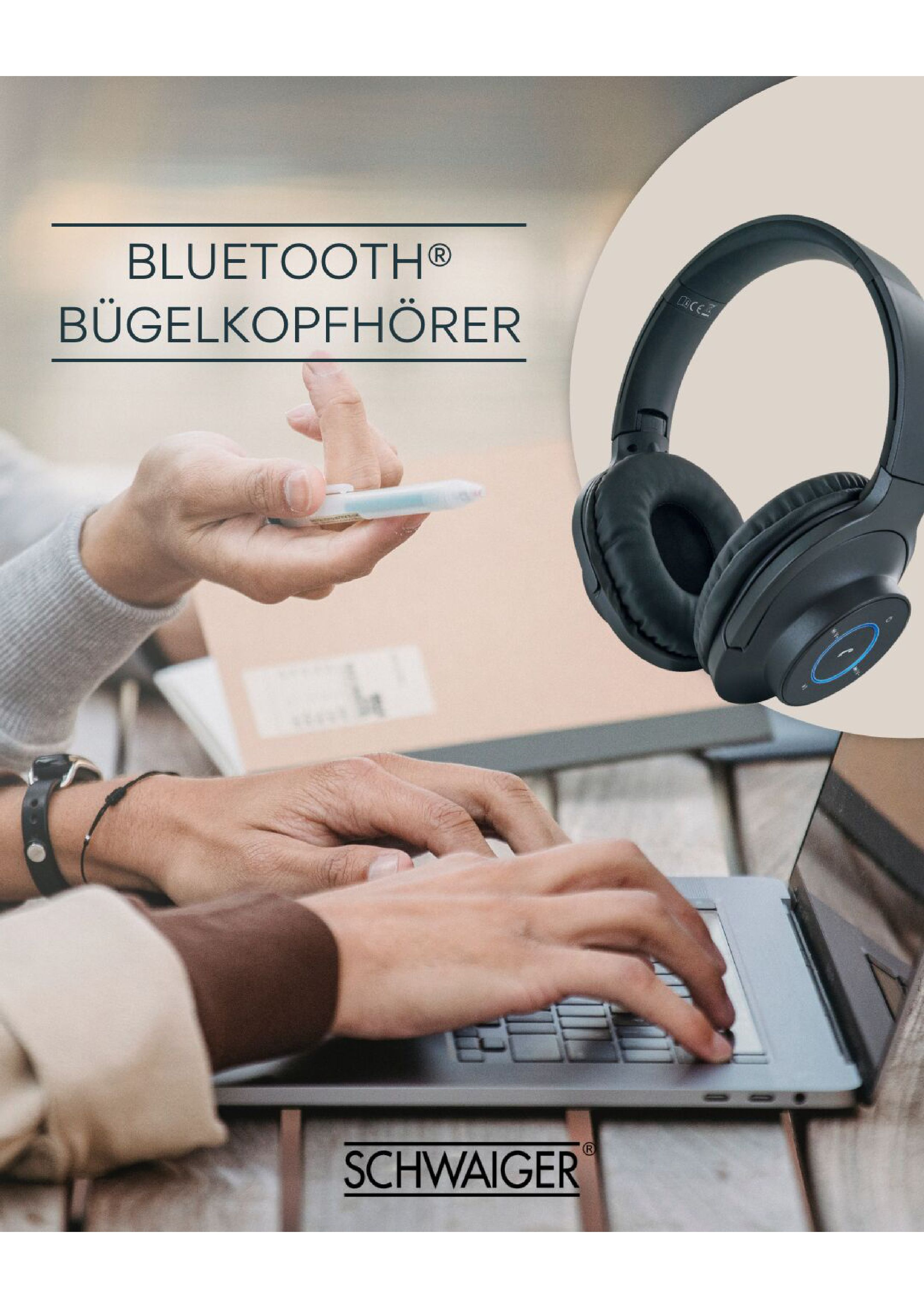 Persona con laptop, indossa cuffie, il testo sopra dice 'Bluetooth Bügelkopfhörer'.