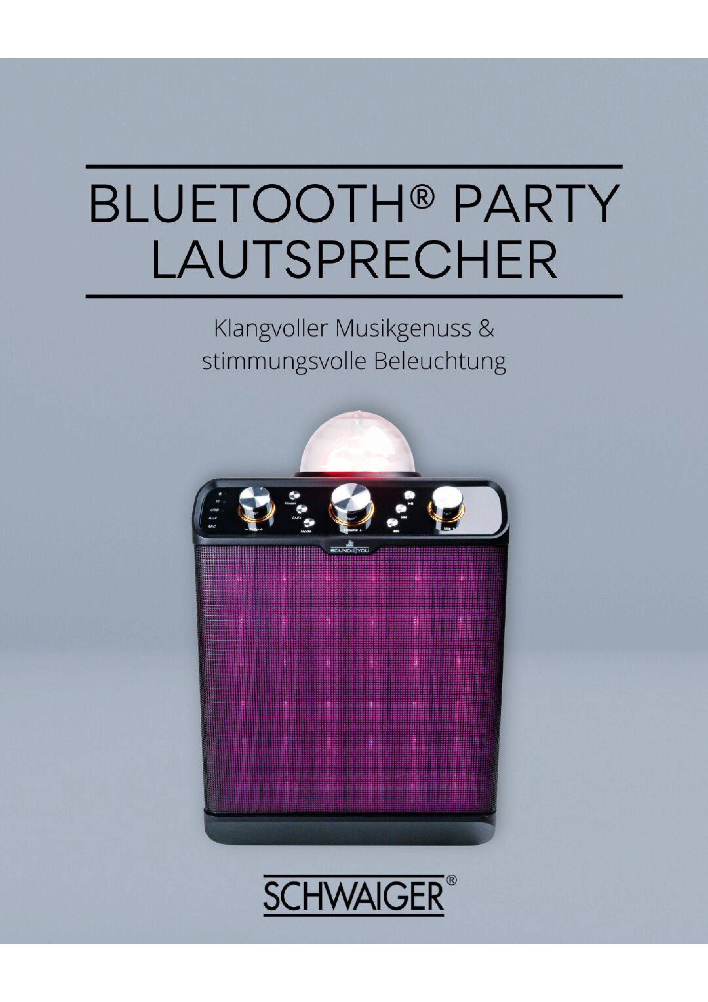 Party-Lautsprecher mit Lichtern, mit Discokugel. Violette Lichter sichtbar.