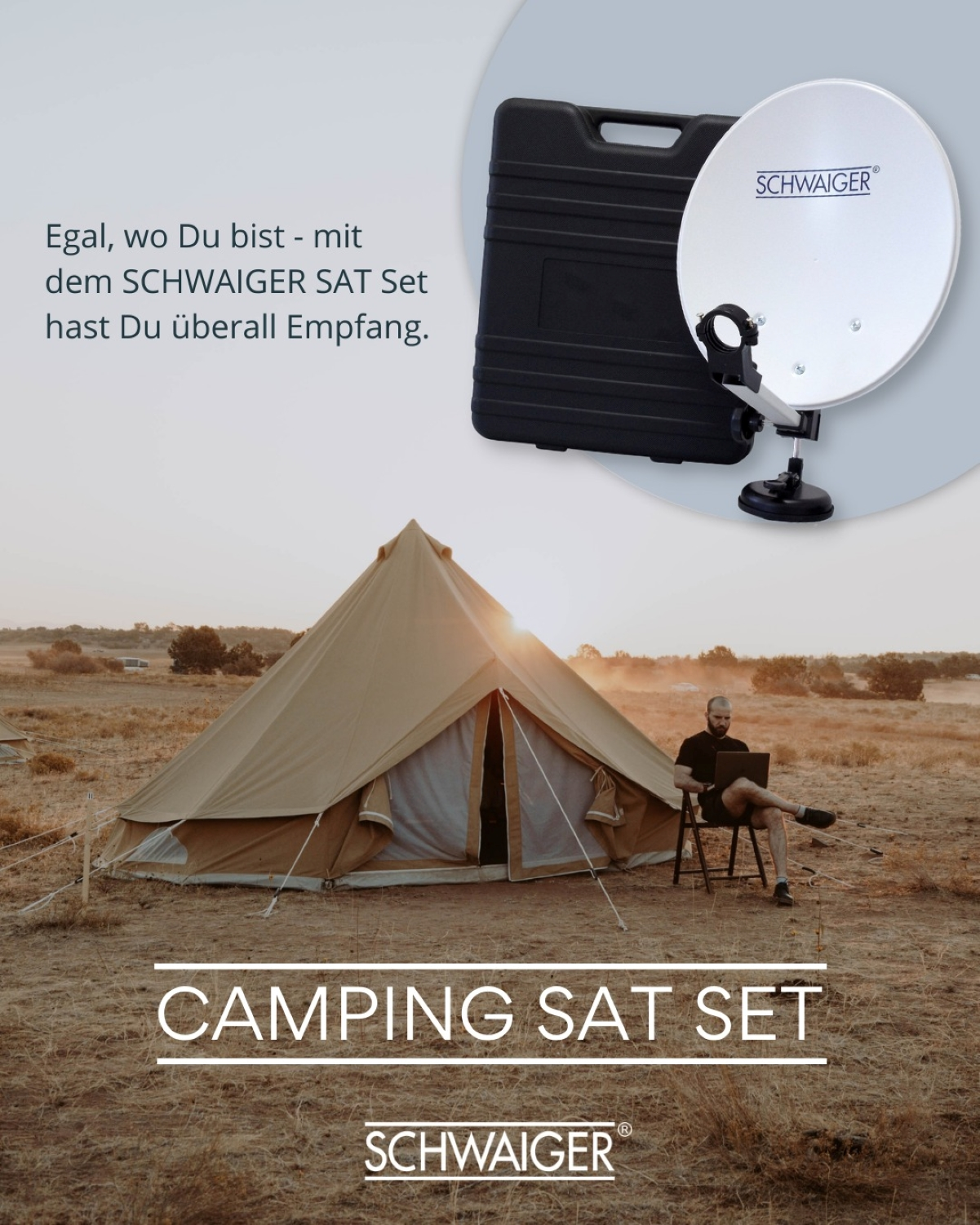Camping-Szene mit Zelt, Satellitenschüssel und einer Person mit Laptop.