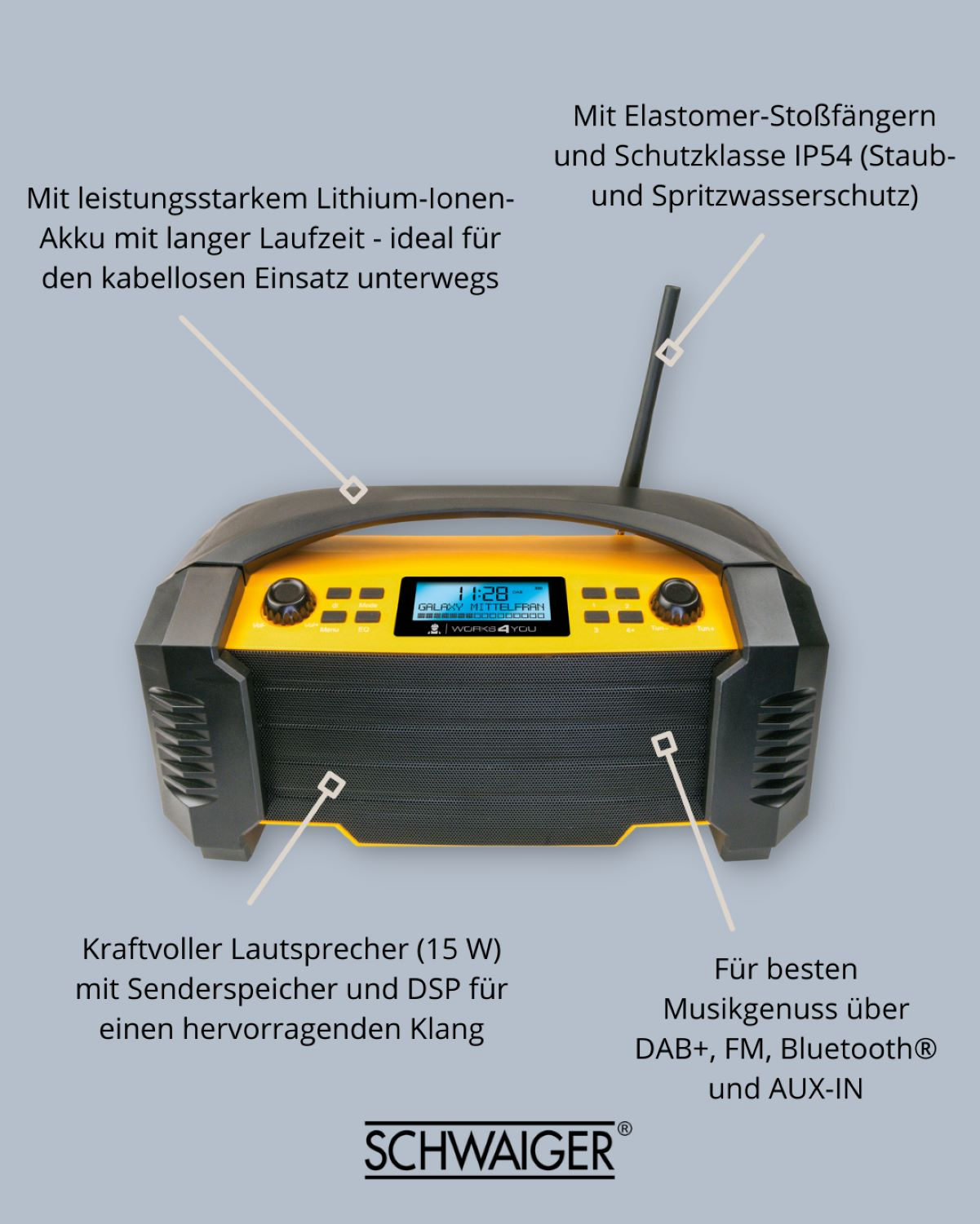 SCHWAIGER -DABWORK2 513- Radio, FM, DAB, DAB+, Schwarz/Gelb DAB, FM, Bluetooth, DAB