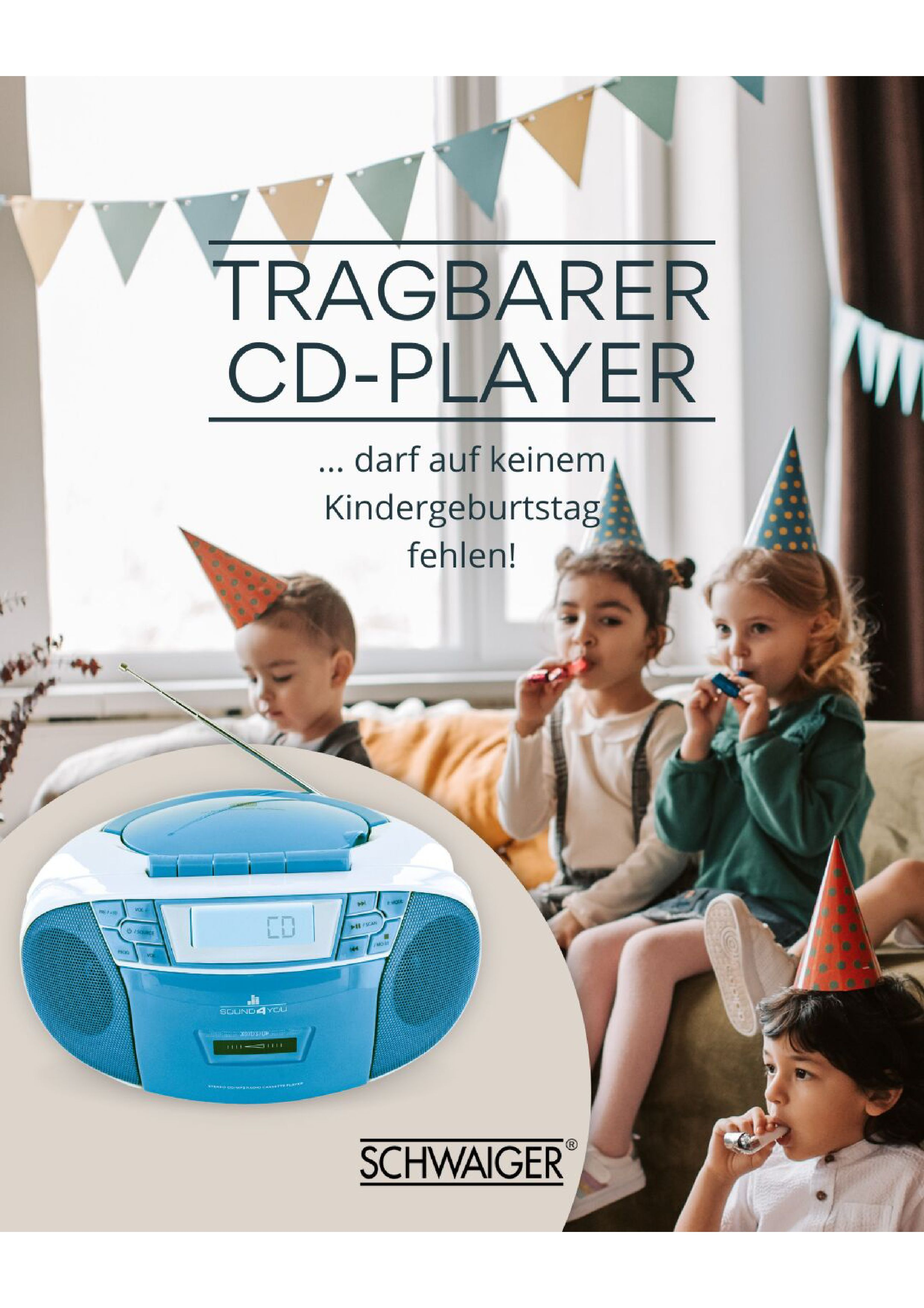 SCHWAIGER -661651- Tragbarer CD-Player Blau/Weiß mit und Radio, Kassettendeck FM
