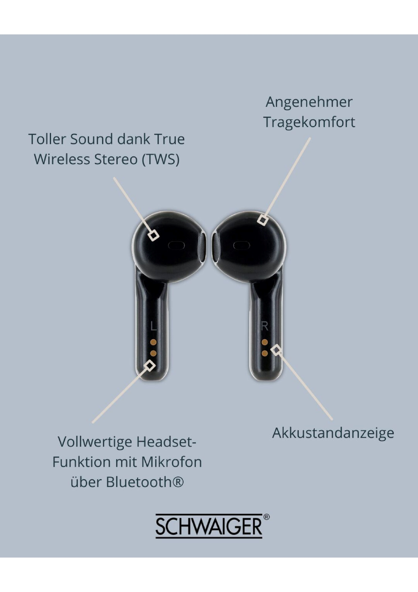 Ohrhörer mit Etiketten, die Merkmale zeigen: True Wireless Stereo, Headset und Akkuanzeige.