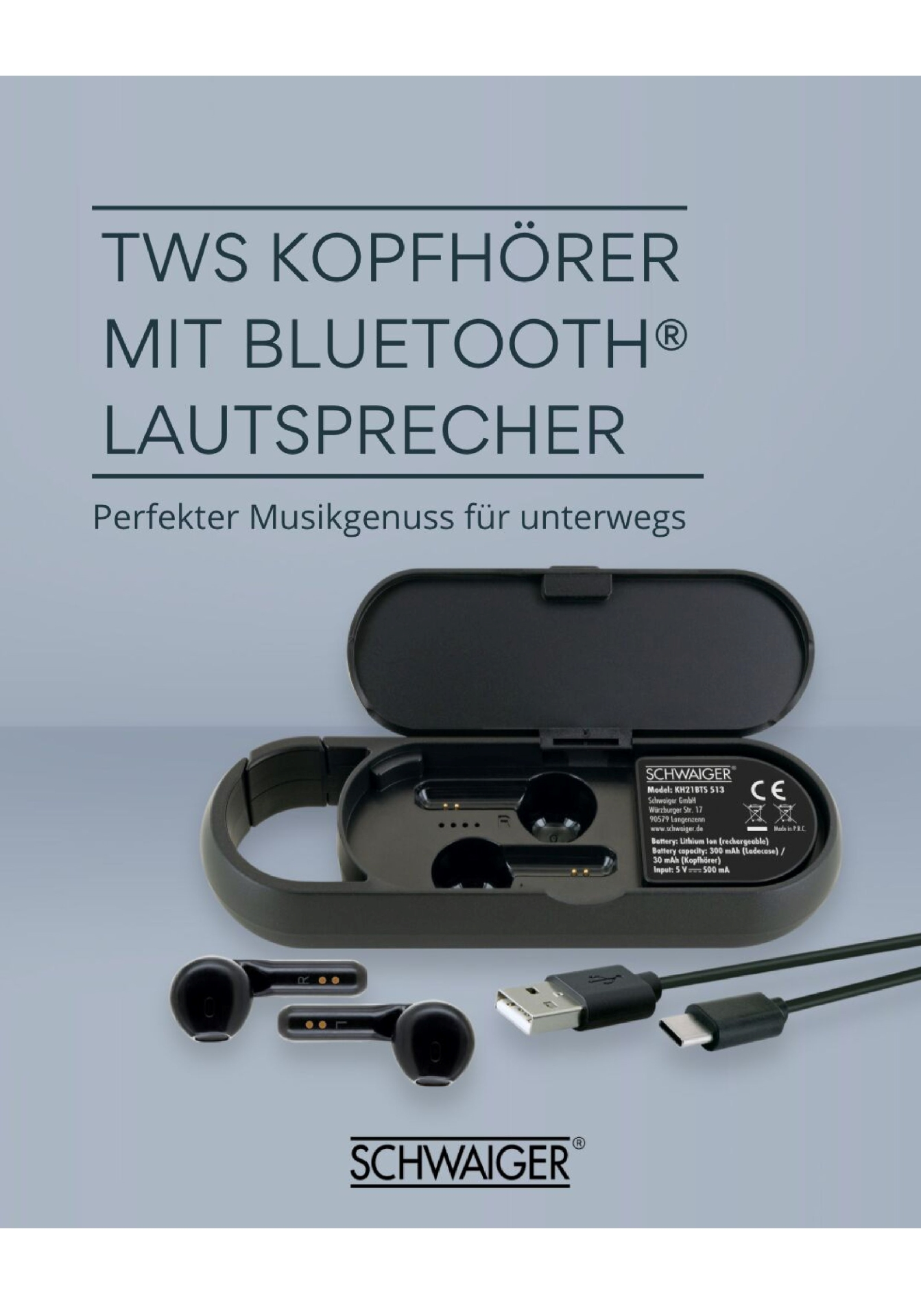 Kopfhörer in einem Etui, Kabel und Text.