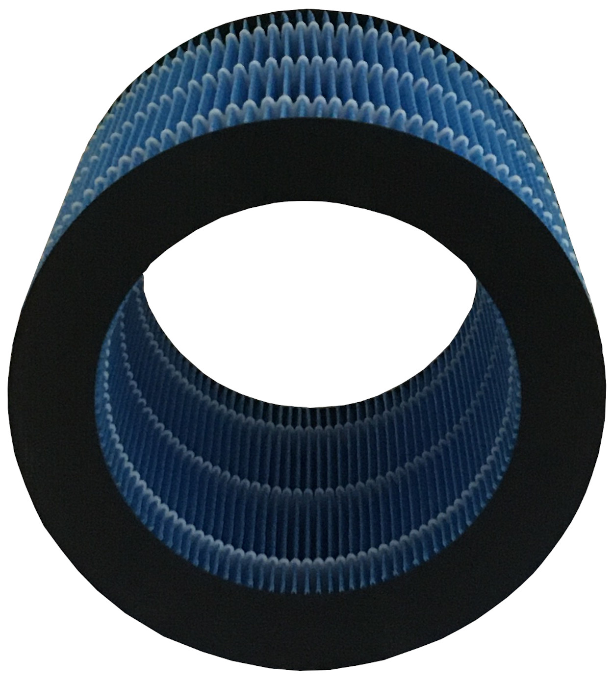 Zylindrischer Luftfilter mit blauem, plissiertem Filtermedium und schwarzem Rahmen.