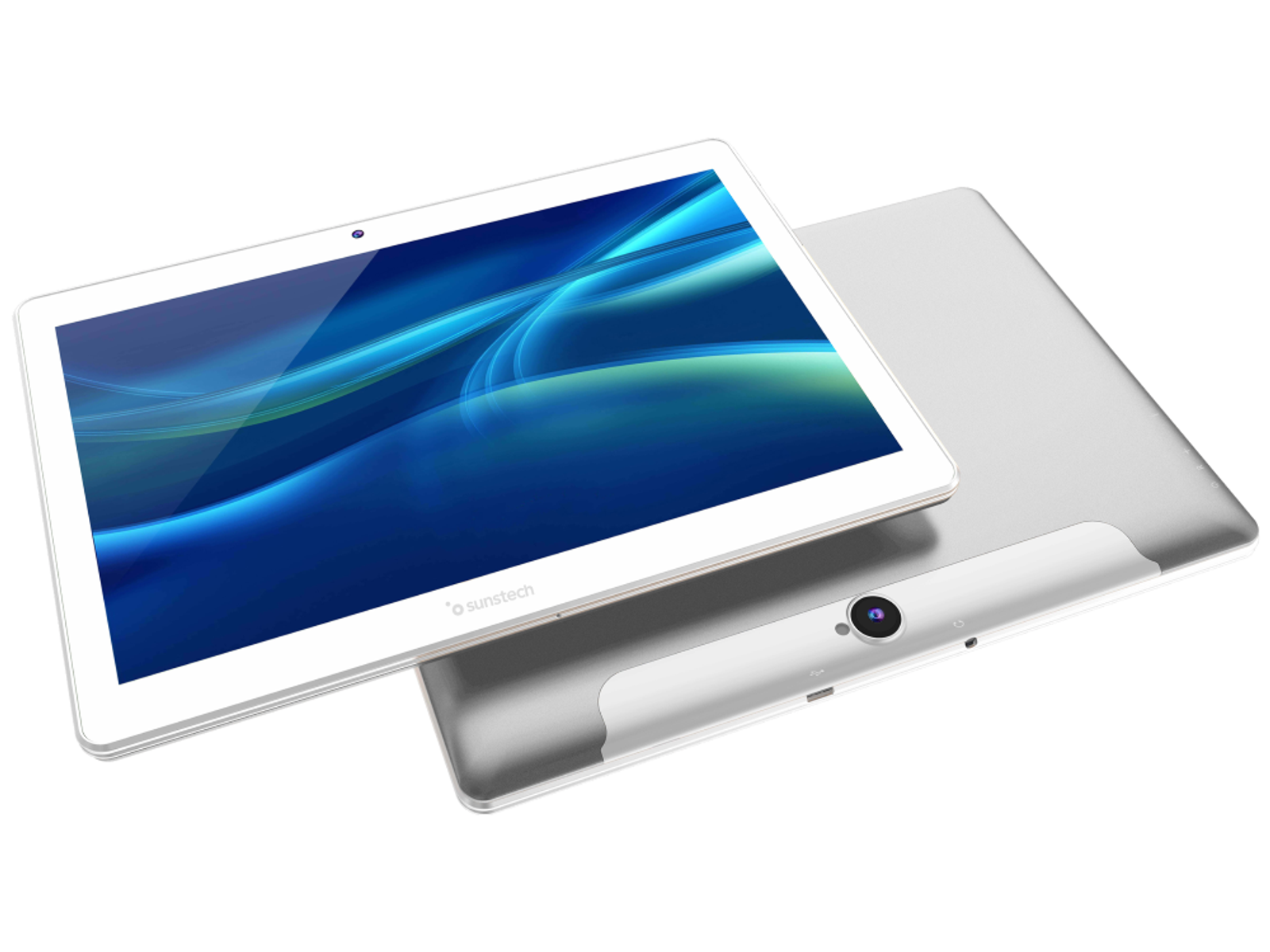 Tableta blanca con pantalla azul, logo 'sunstech', sobre otra tableta. Parte trasera plateada.