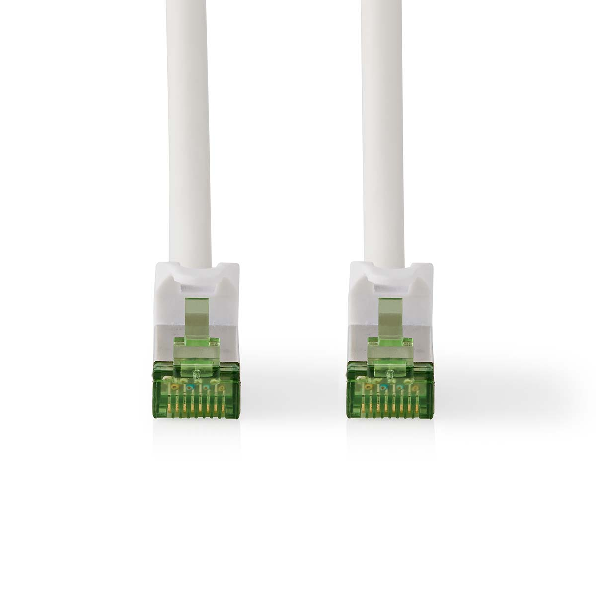 Two white network cables with green connectors, ready for use.