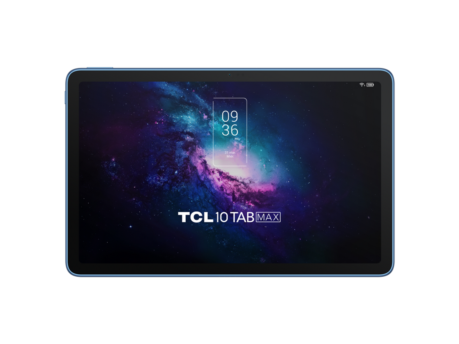 Tablet TCL con schermo a tema galassia, circondato da una cornice blu.