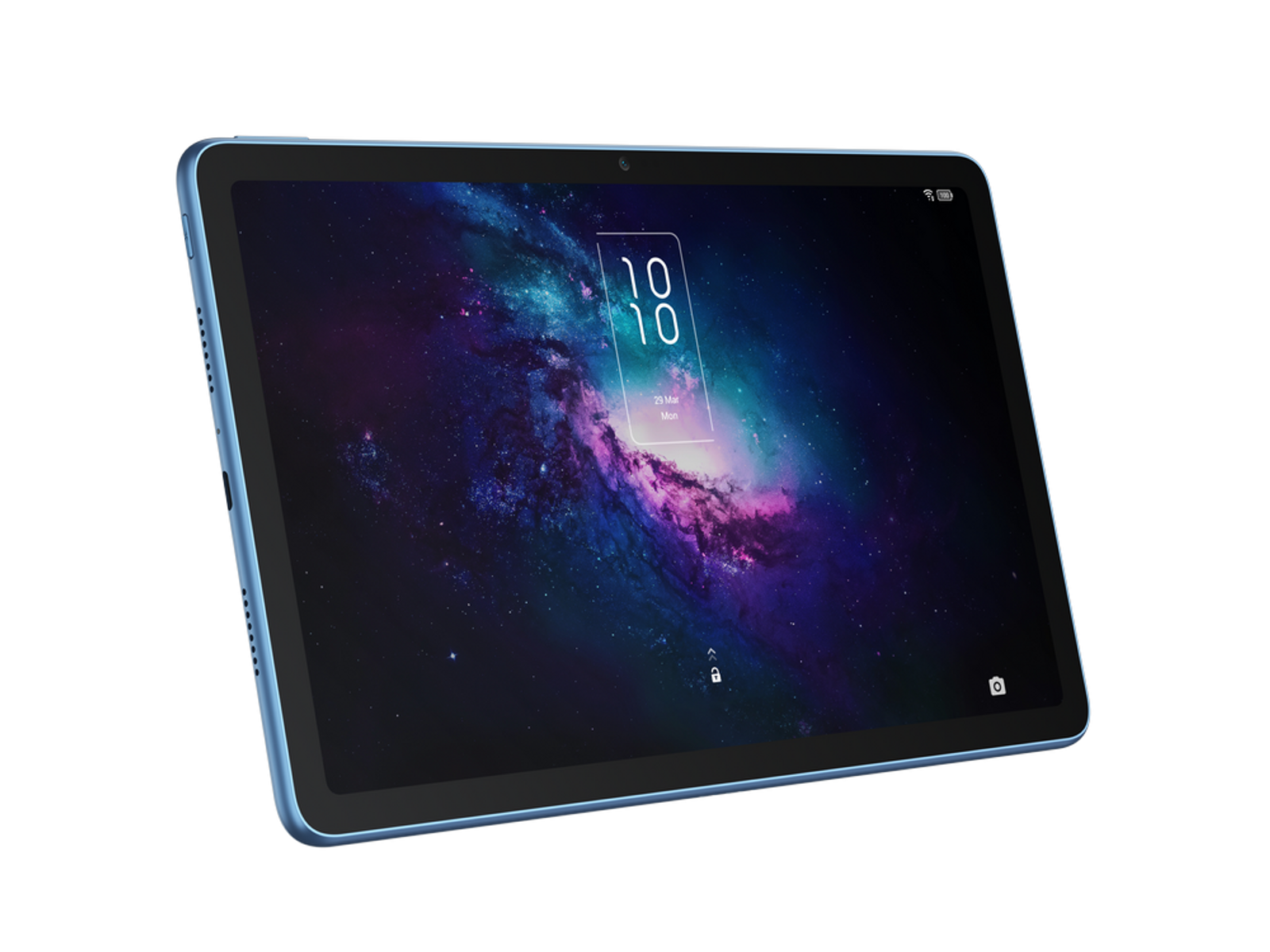 Tablet blu con immagine galassia, cornice nera.