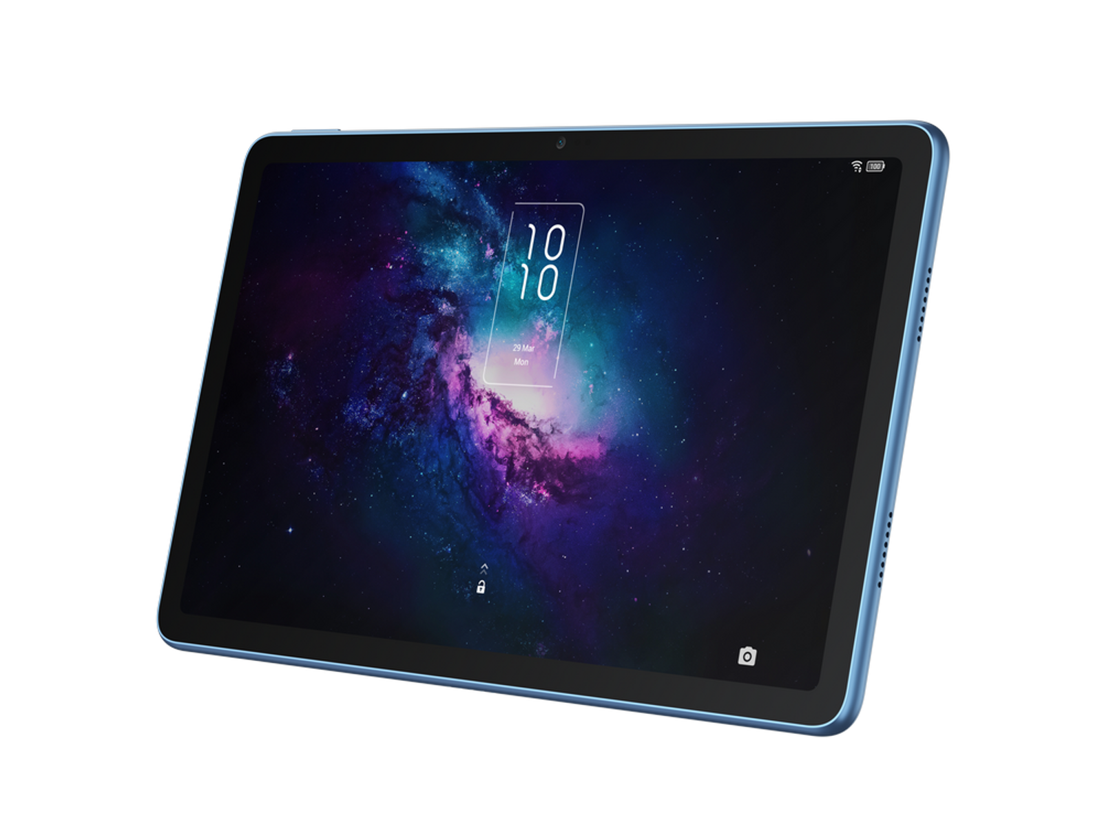 Un tablet blu con uno schermo nero che mostra un'immagine della galassia e l'ora.