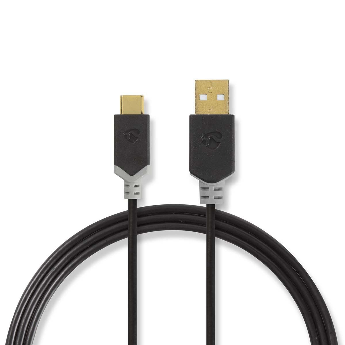 Black and gold USB-C to USB-A cable, with cable curvature.