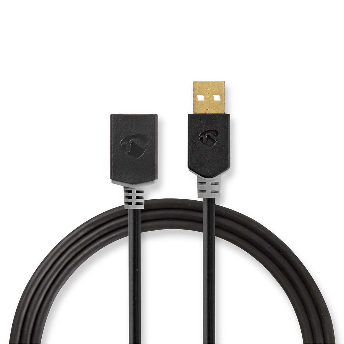 Zwei schwarze USB-Kabel verbunden, mit einem schwarzen und einem goldenen Stecker.