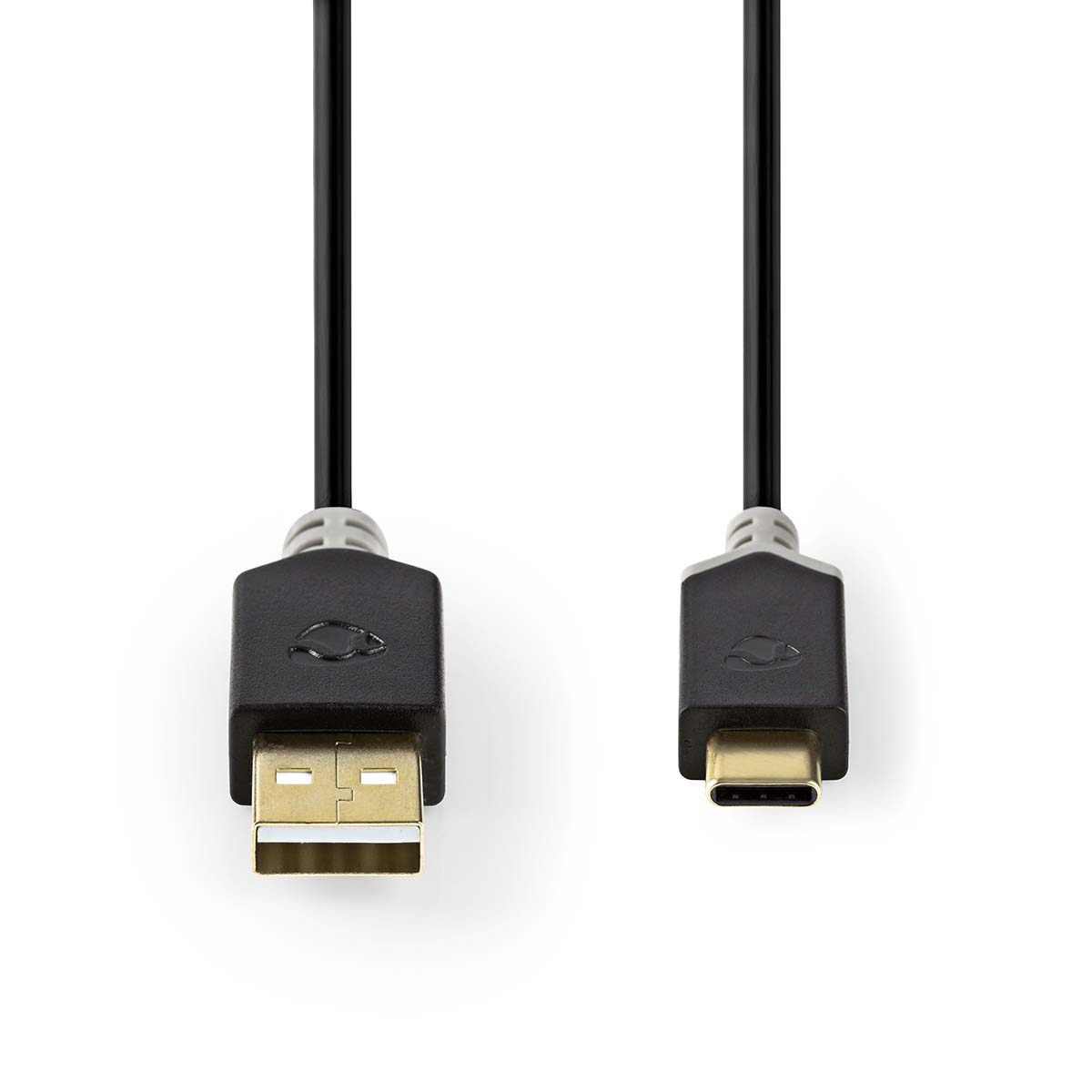 Black USB-C cable with a USB and a USB-C connector on a white background.