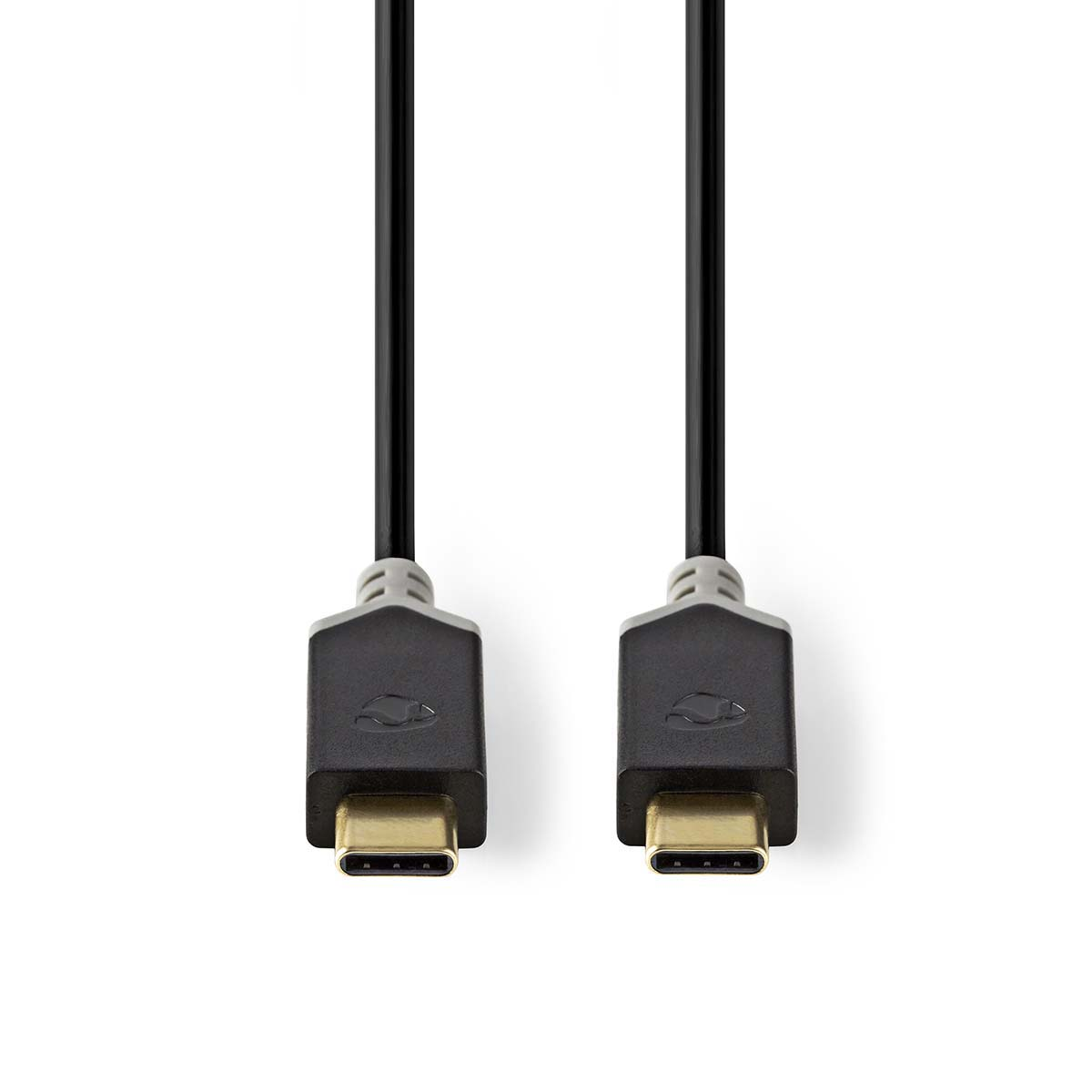 Due cavi USB-C neri e grigi con connettori su sfondo bianco.