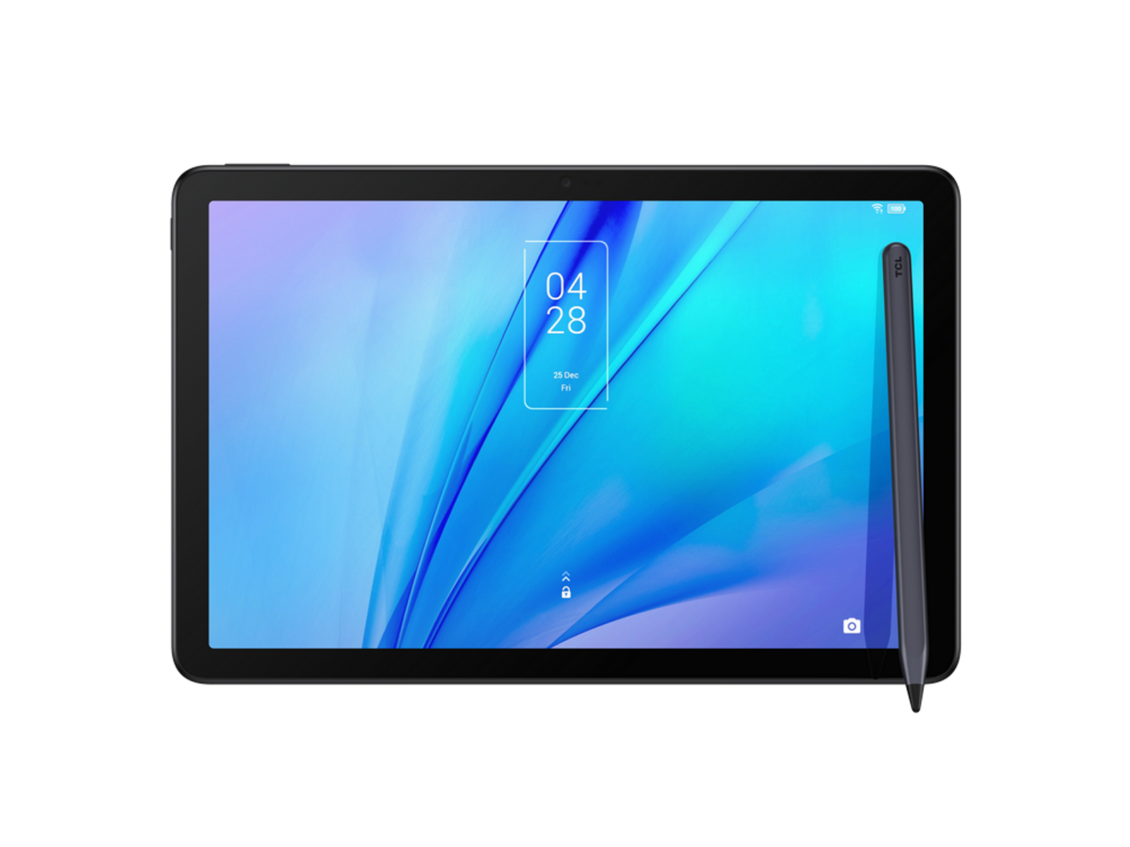 Schwarzes Tablet mit Stift. Anzeige zeigt Datum und Uhrzeit.