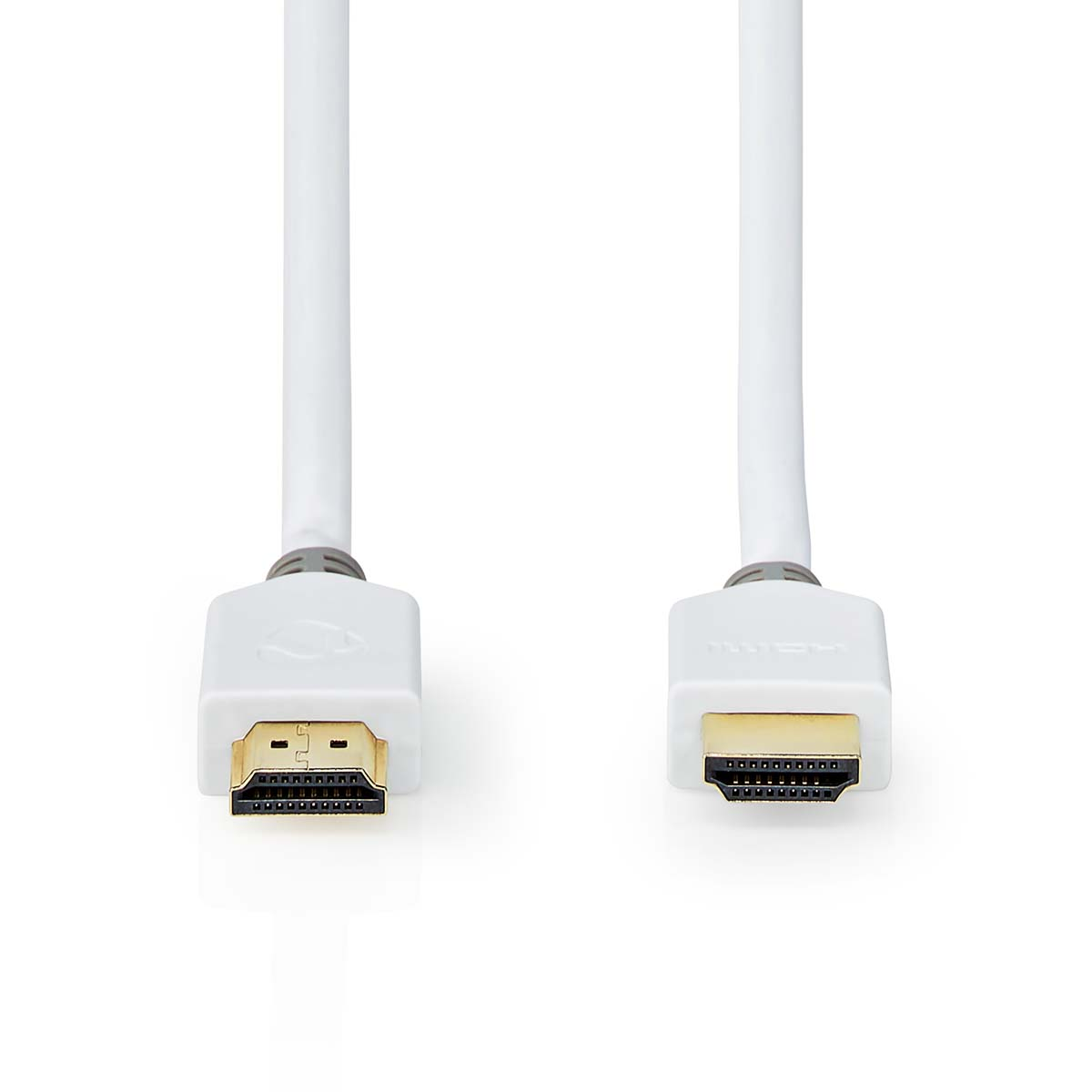 Zwei weiße HDMI-Kabel, jeweils mit schwarzen Anschlüssen.