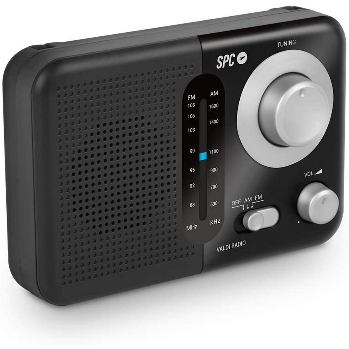 Radio negro con dial de sintonización y controles de volumen, texto blanco, vista en ángulo.