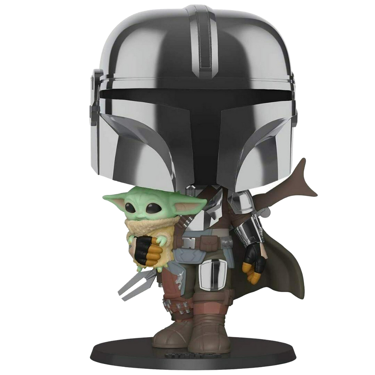 Funko Pop, The Mandalorian con Baby Yoda. Elmetto e armatura grigi, verde e marrone. Base nera.