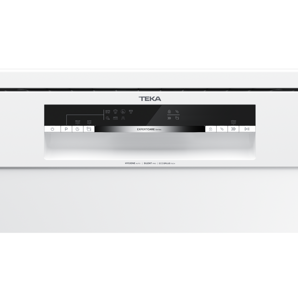 Zbliżenie panelu sterowania zmywarki z przyciskami i wyświetlaczem.