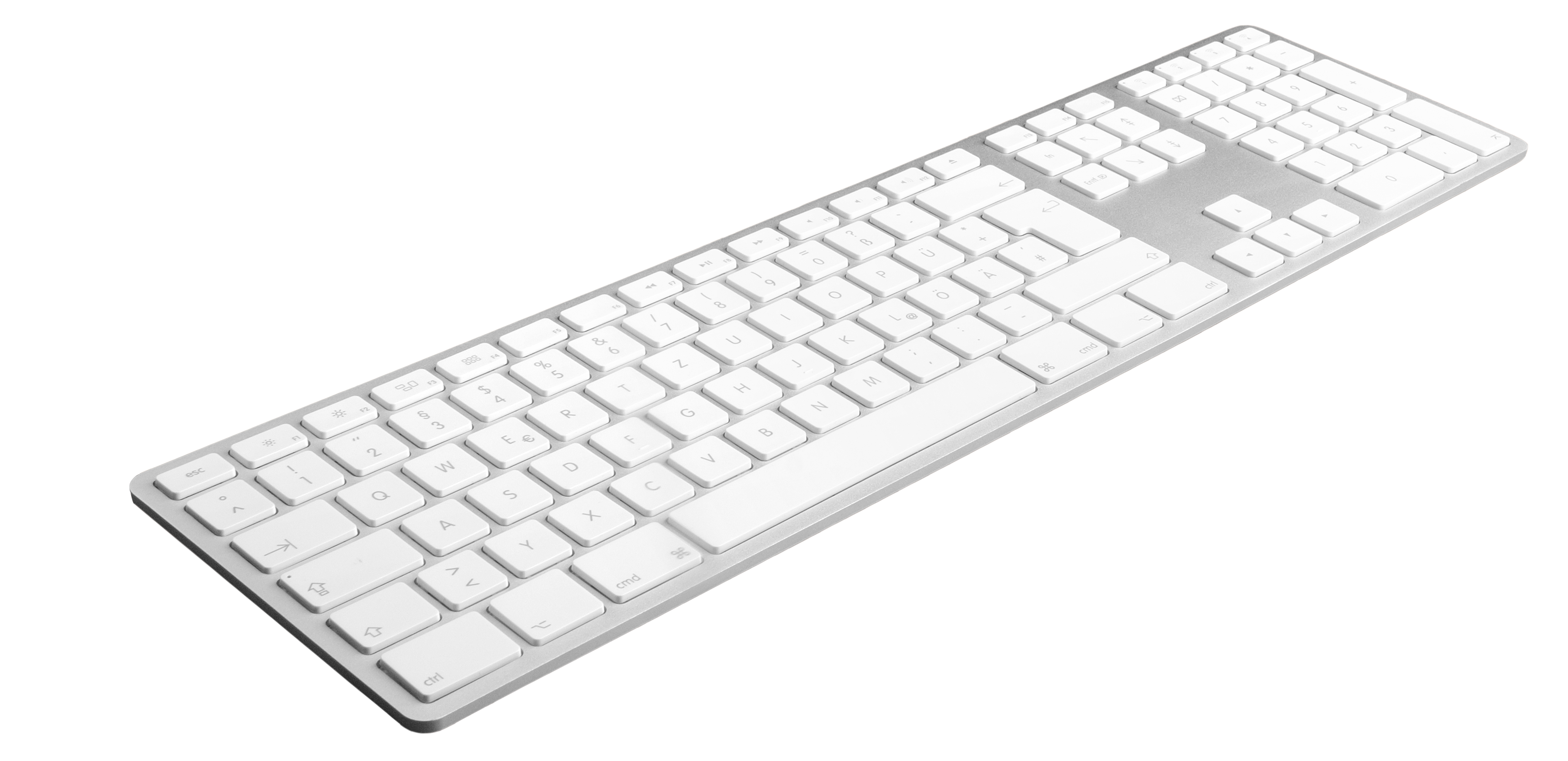 Silberne Tastatur auf weißem Hintergrund. Es ist eine Tastatur in voller Größe mit weißen Tasten.