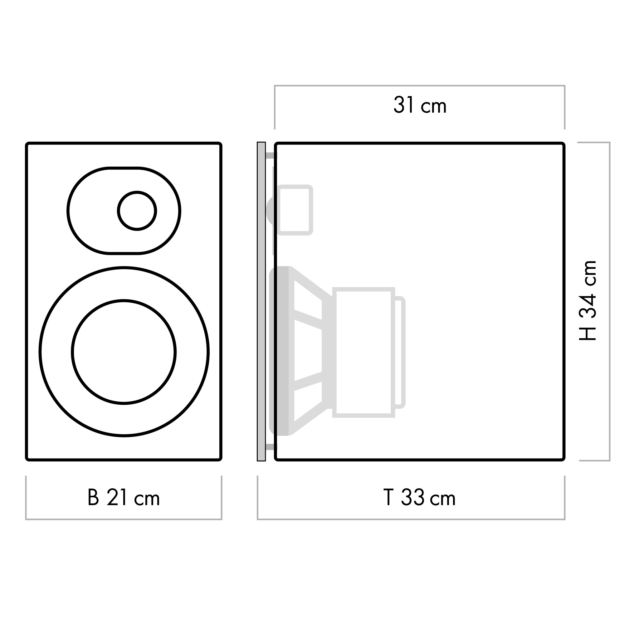 Diagramm, das die Abmessungen eines Lautsprechers zeigt. Seiten- und Vorderansicht sind dargestellt.
