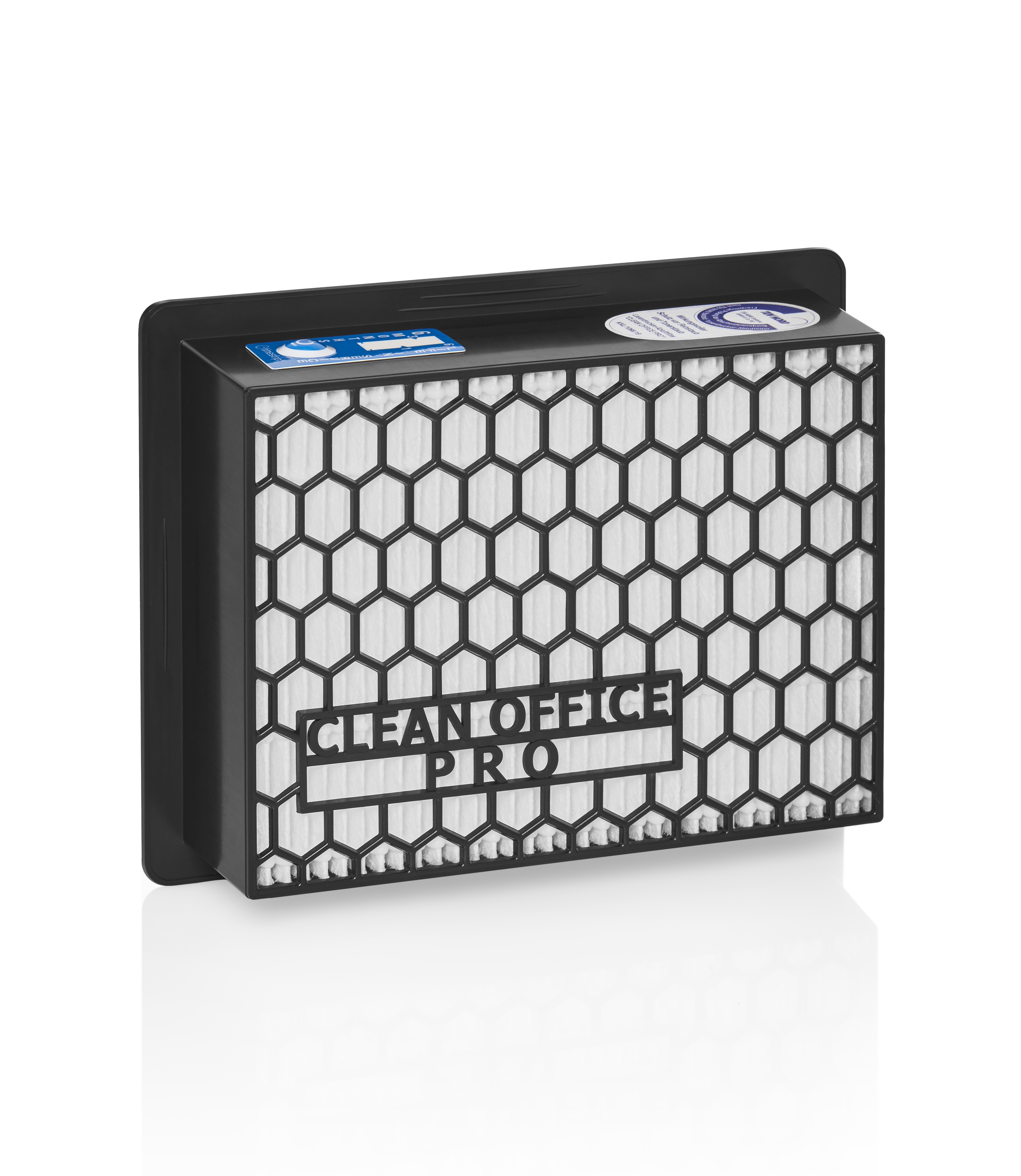 Czarny filtr powietrza z siatką o strukturze plastra miodu. Widoczne słowa "CLEAN OFFICE PRO".