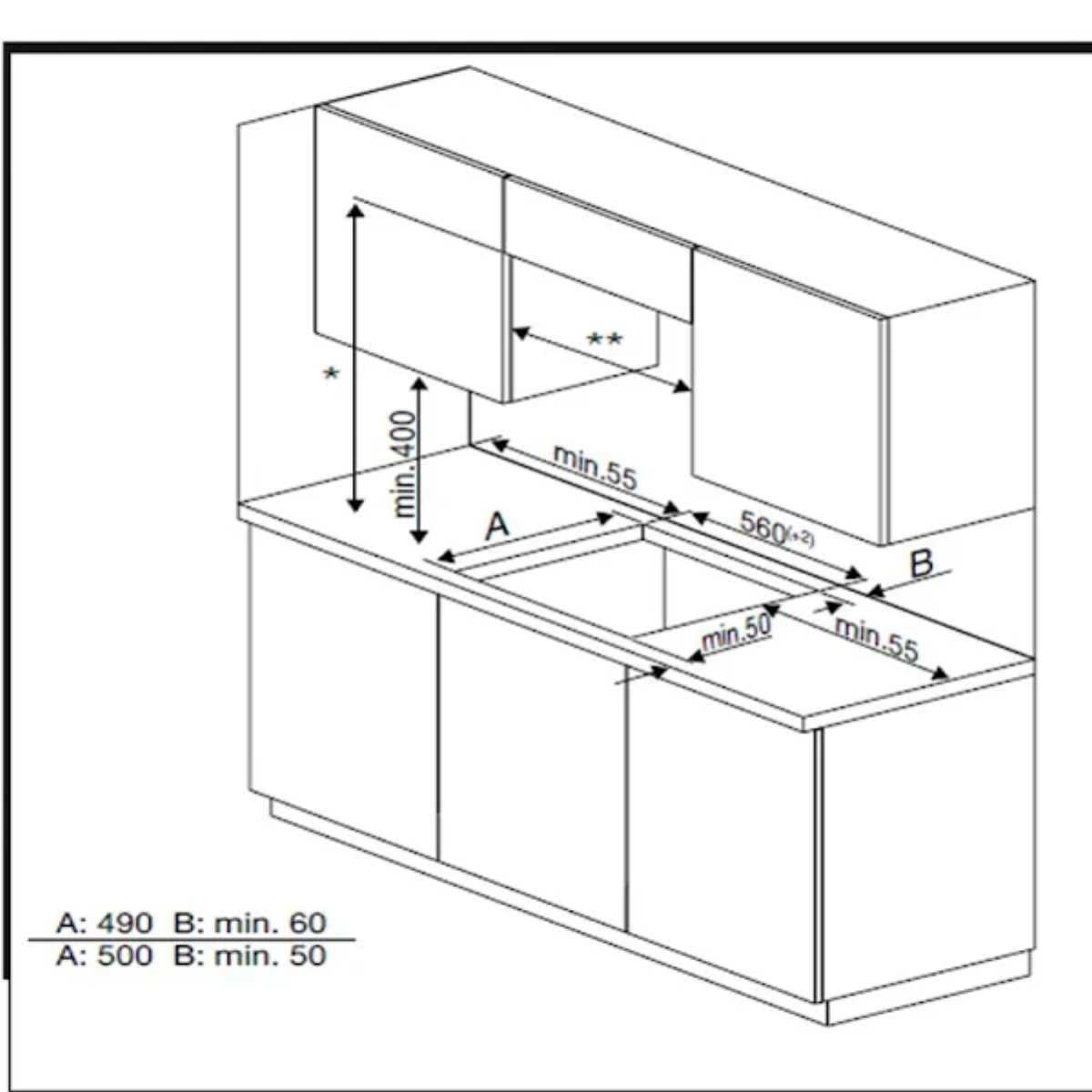 Schemat szafek kuchennych z wymiarami oznaczonymi do celów instalacji i projektowania.