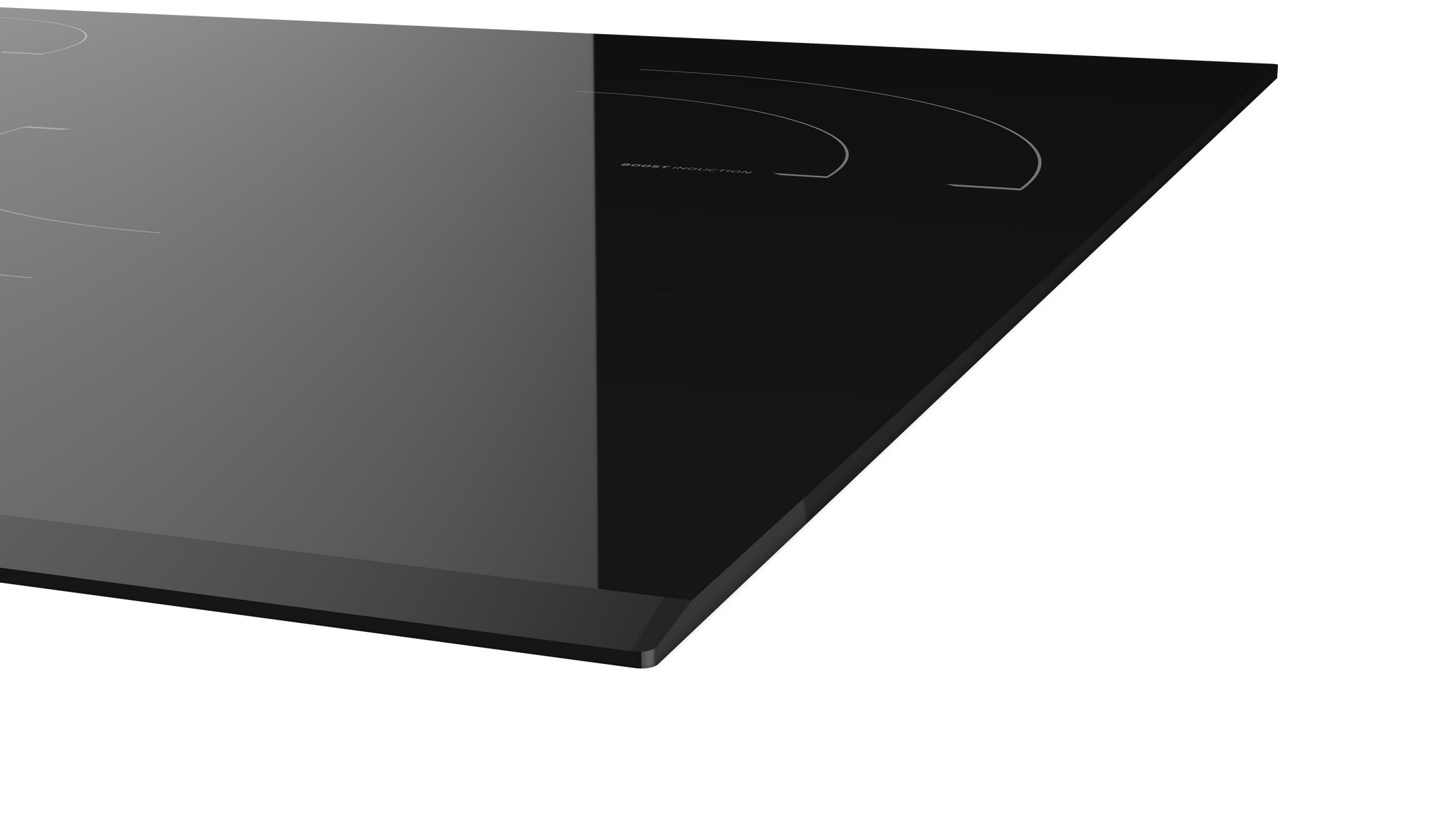 Placa de inducción negra, superficie de vidrio, vista de esquina, fondo negro.