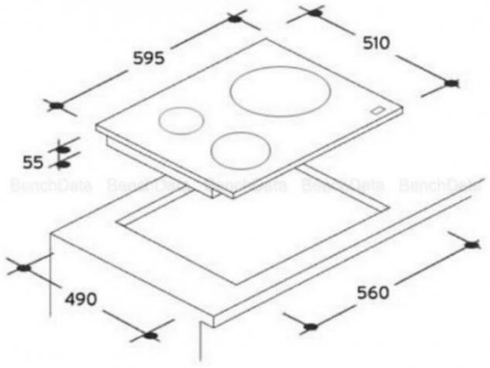 Vista isométrica de una placa de cocina negra con dimensiones, encastrada en una superficie blanca.