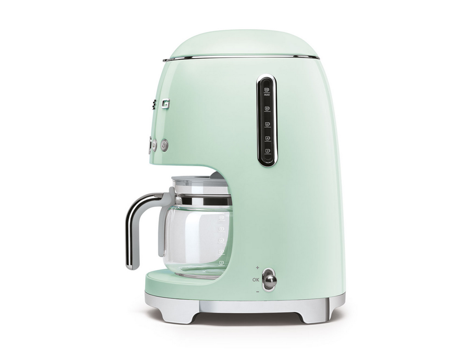 Miętowo-zielony ekspres do kawy ze szklaną karafką na białym tle.