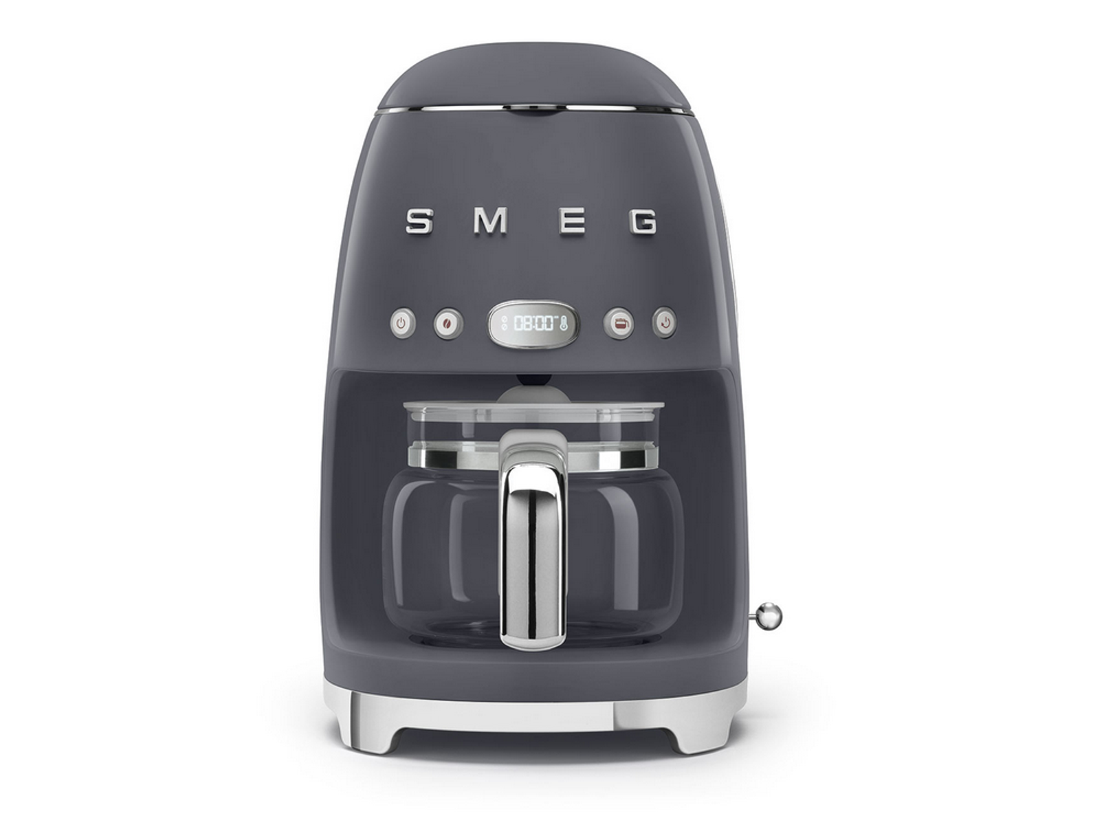 Cam sürahi ile gri SMEG kahve makinesi.